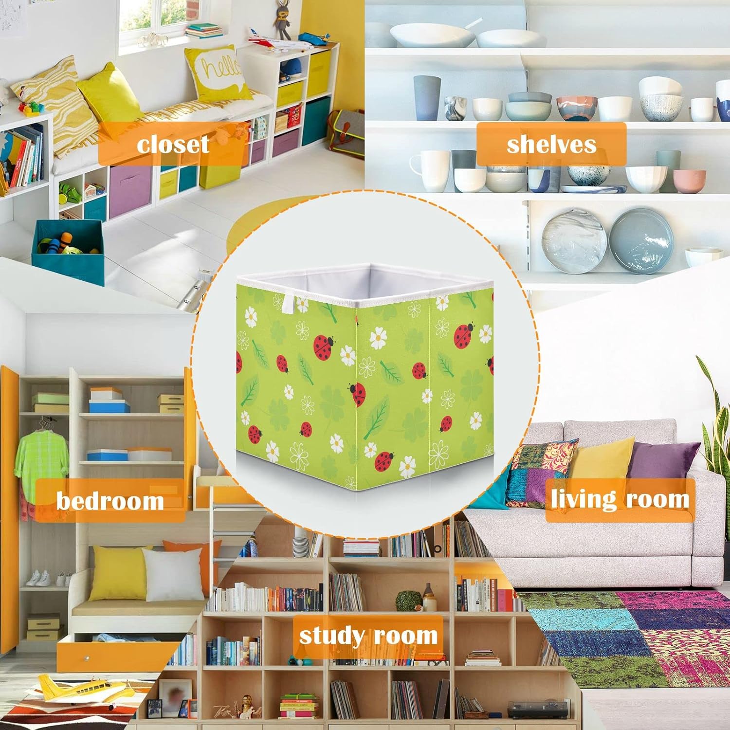 Beetles Ladybugs – Cubos de almacenamiento plegables de tela con asas, organizador cuadrado para armario, forro impermeable para estantes, gabinete,
