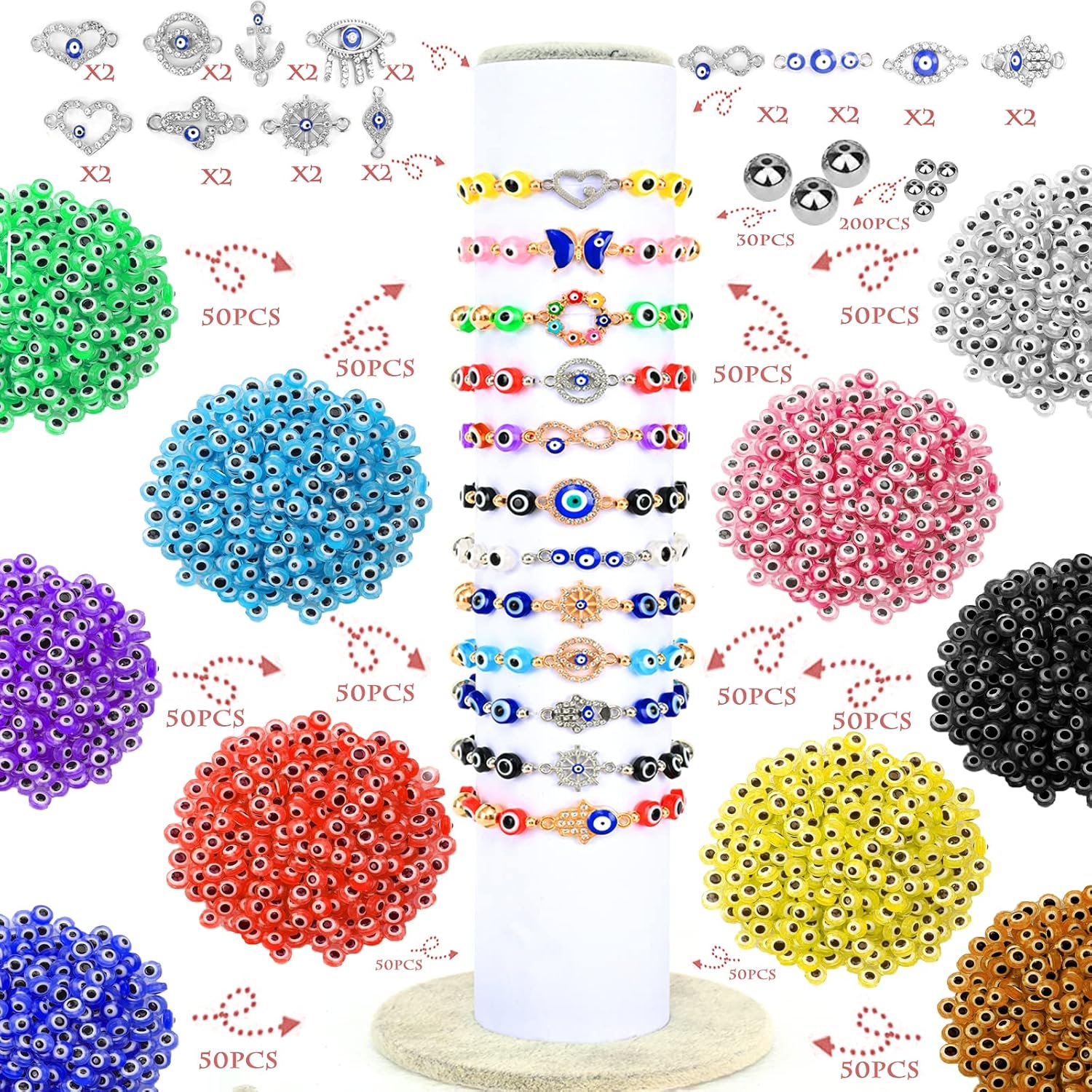 2000 cuentas contra el mal de ojo para la fabricación de joyas, dijes redondos planos de ojo turco de 0.315 pulgadas, kit de pulseras de cuentas