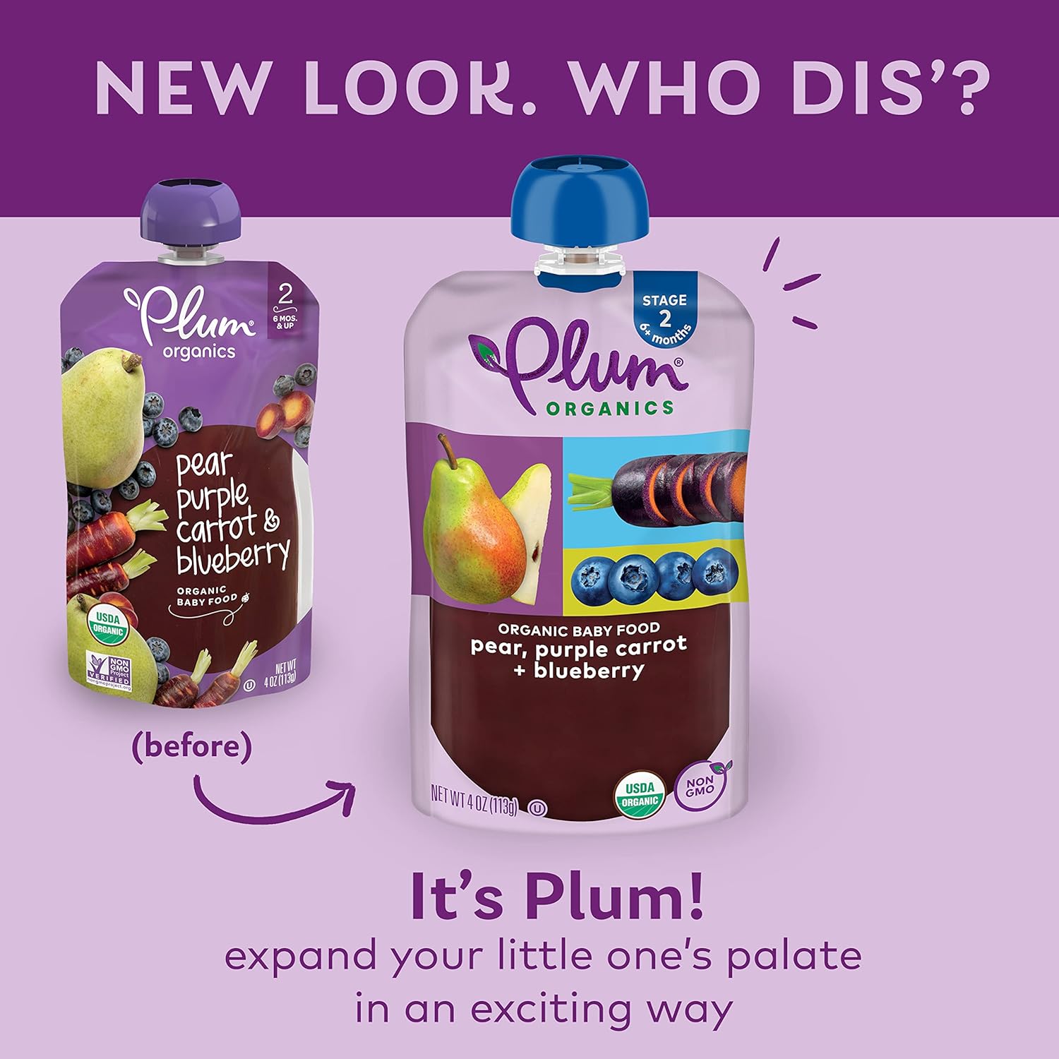 Plum Organics Alimento orgánico para bebés etapa 2 – pera, zanahoria morada y arándanos – Bolsa de 4 onzas – Bolsa orgánica de alimentos para bebés