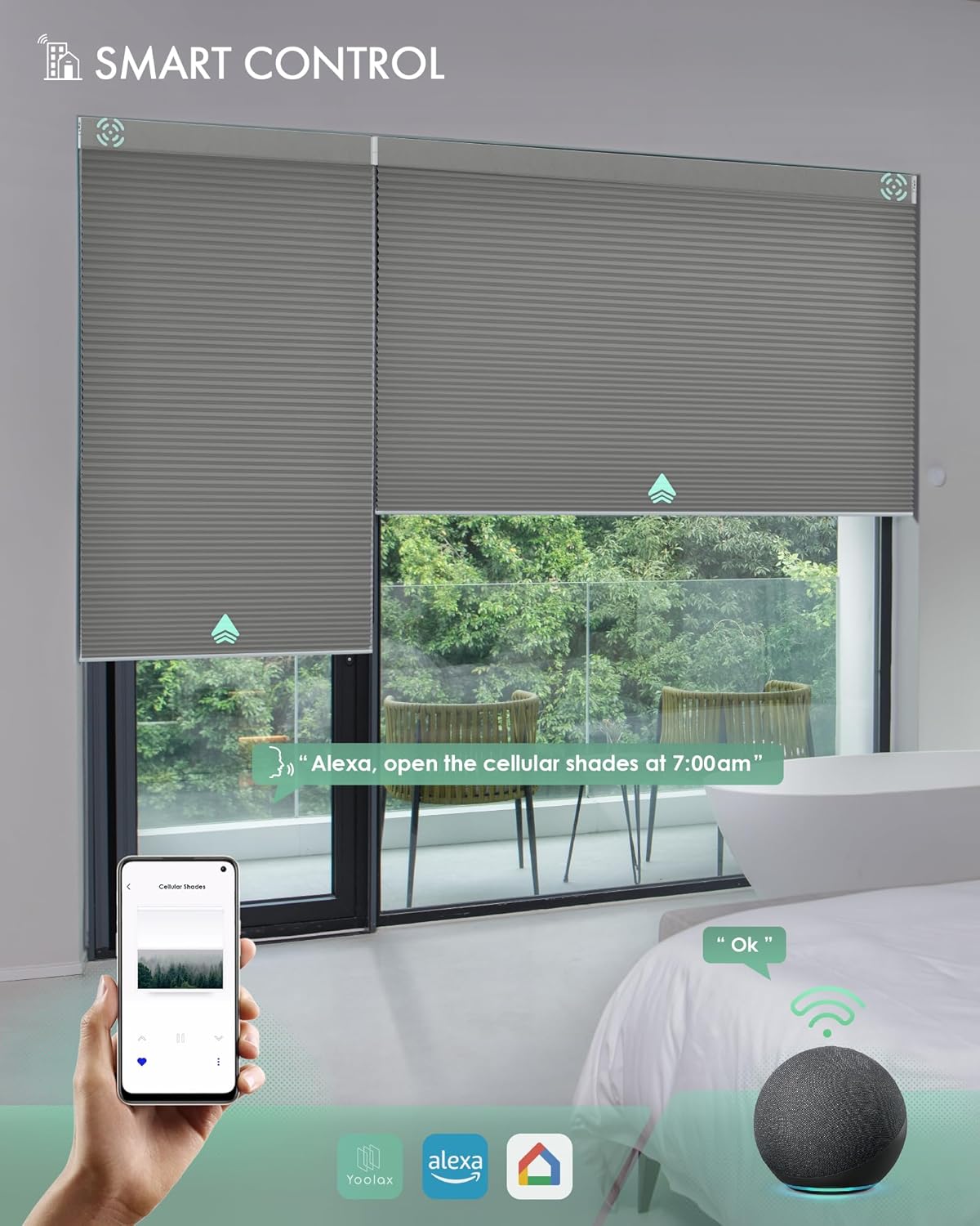 Yoolax Persiana celular motorizada inteligente funciona con Alexa, persianas eléctricas opacas de panal de abeja, persianas eléctricas inalámbricas