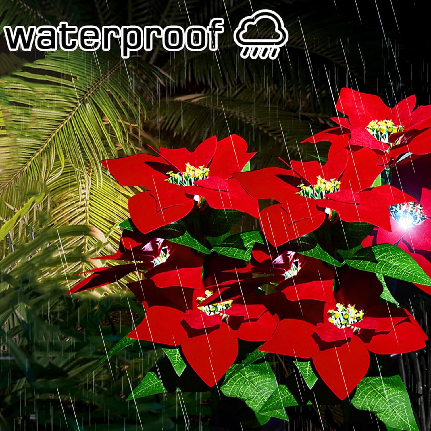 BYLOZA 2 luces solares de jardín, flores de pascua solares para paisaje, impermeables, flores de Pascua artificiales con luz para camino, jardín,