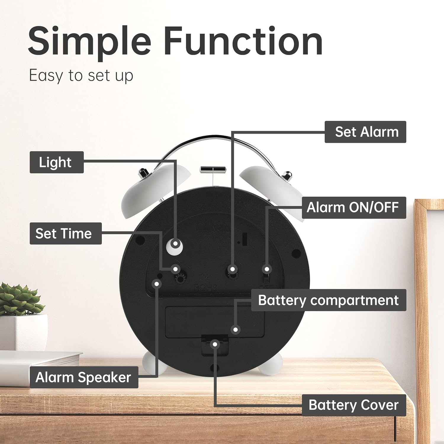 Reloj despertador analógico, reloj pequeño súper silencioso de 4 pulgadas sin tictac con luz nocturna, funciona con pilas, diseño simple, alarma
