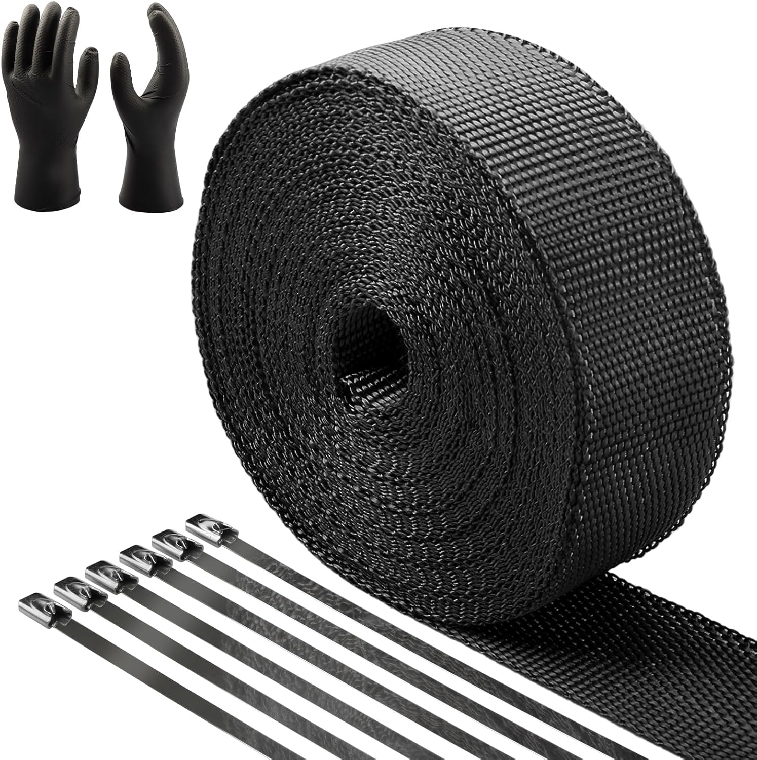 CARDI Cinta de protección térmica de fibra de vidrio negra de 1 pulgada x 16 pies con 4 lazos y guantes de acero inoxidable negro