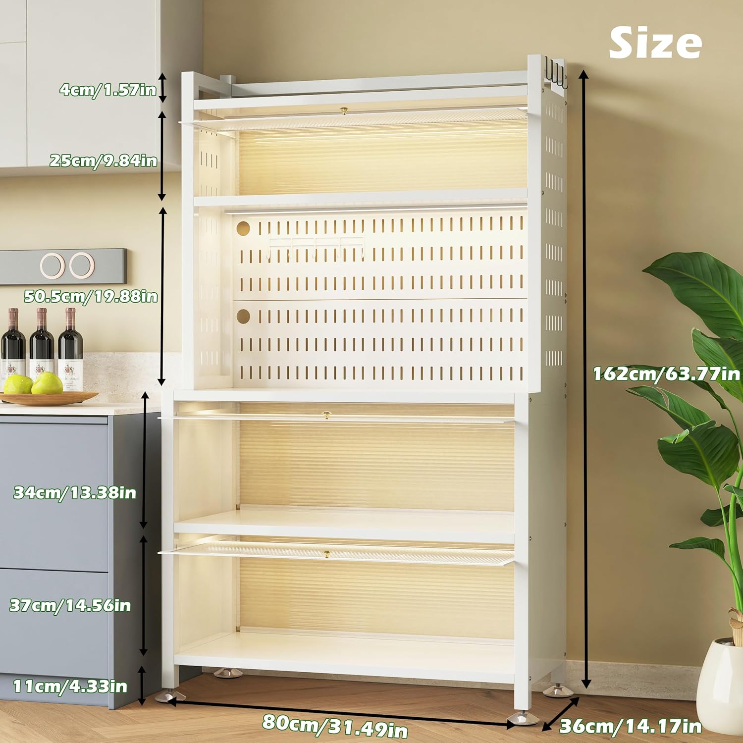 COVAODQ Estante de cocina para panadería con armario de puerta abatible, soporte de microondas de 5 niveles con accesorios de tablero de clavijas