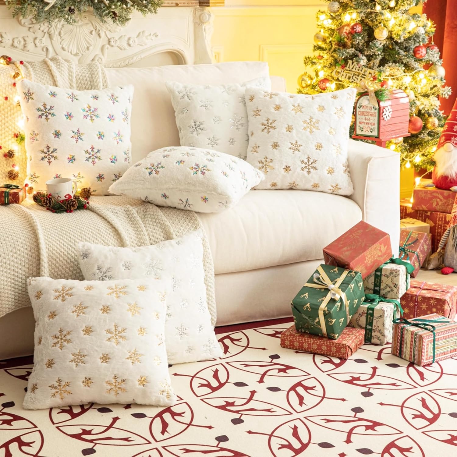 AQOTHES Fundas de almohada decorativas peludas de piel sintética, felpa con lentejuelas de copo de nieve, almohadas con purpurina para decoración de