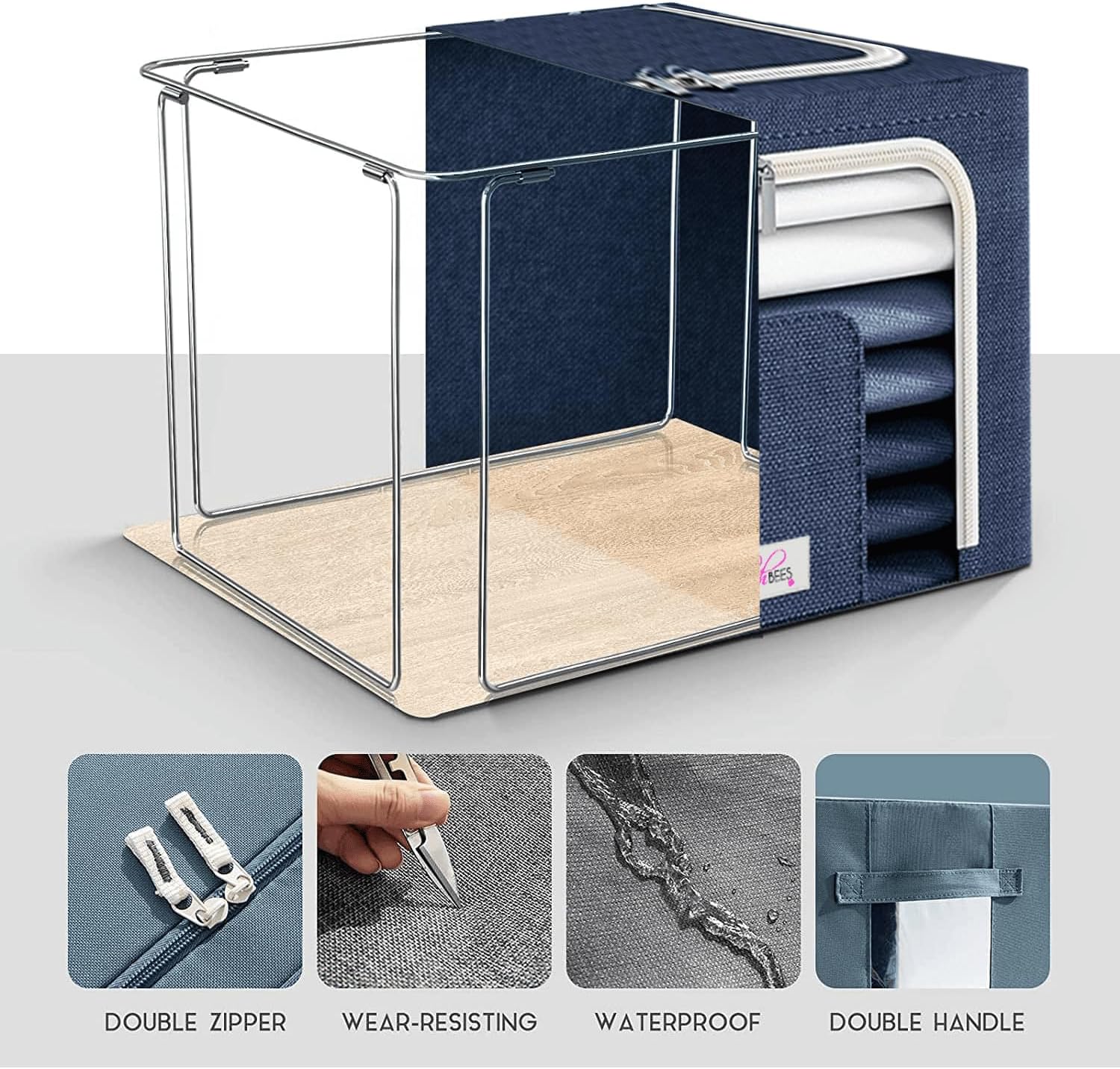 Blushbees Cajas de almacenamiento plegables de tela Oxford para ropa, colchas, lino con soportes de metal (paquete de 4 cajas, tamaño grande de 20 x