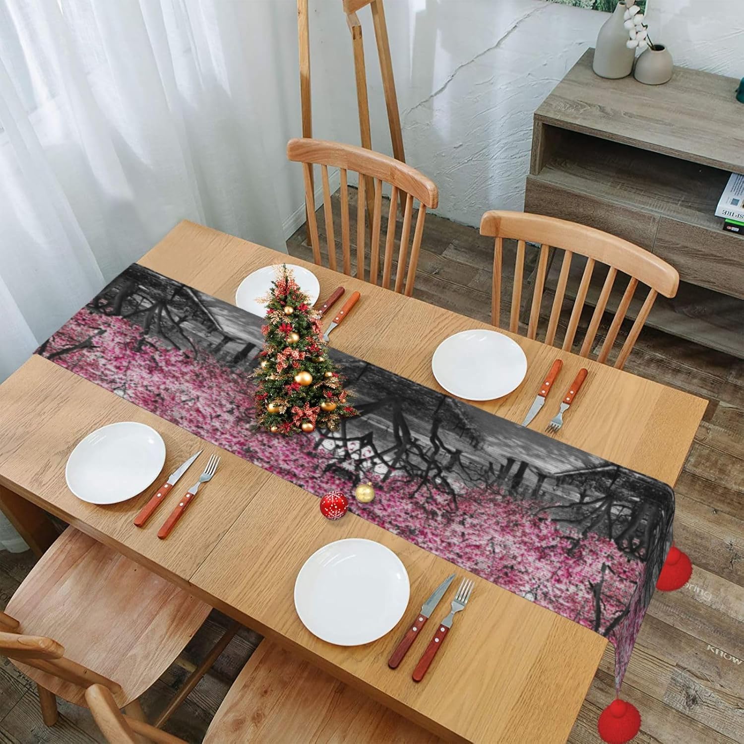 Camino de mesa de Navidad de bosque de cerezos, decoración de mesa de comedor, decoración de Navidad, decoración de interiores del hogar, caminos de