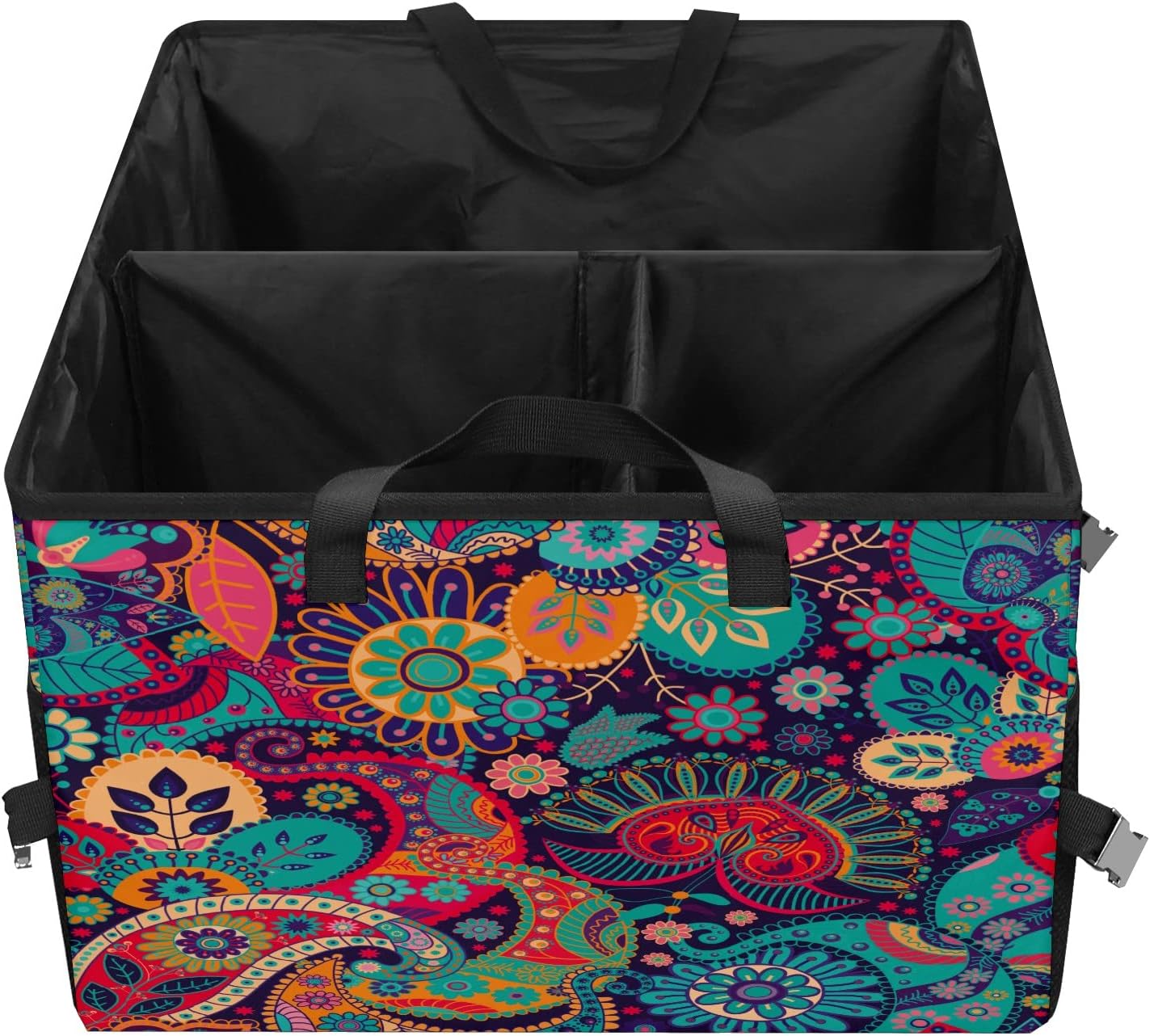 Organizador de maletero de automóvil, colorido étnico floral, bolsa de almacenamiento grande con divisores para SUV, plegable, cesta de comestibles,