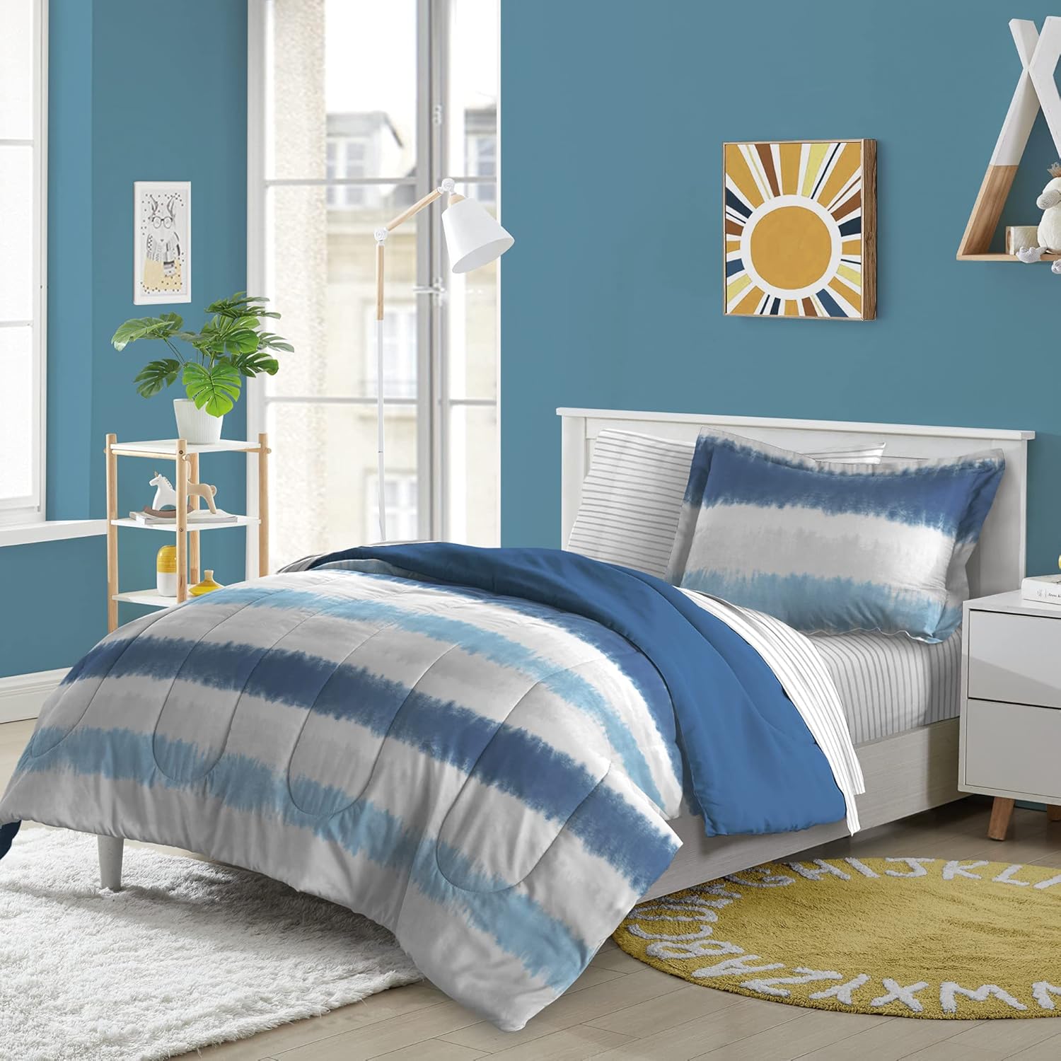 dream FACTORY Juego completo de ropa de cama infantil de 7 piezas fácil de lavar de microfibra súper suave, tamaño matrimonial, rayas azules de