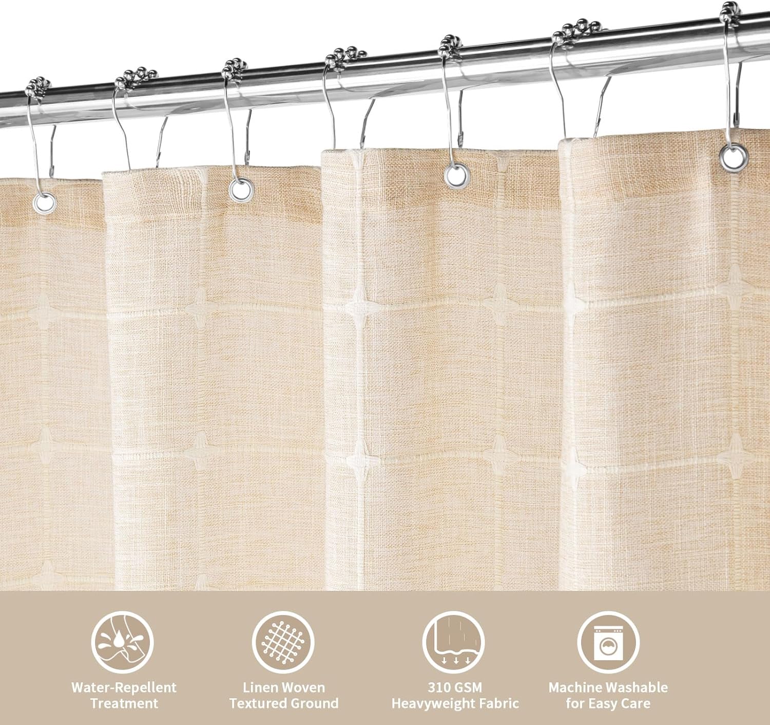 MitoVilla Cortina de ducha extra larga color crema, 72 x 84 pulgadas, estilo rústico moderno, de 84 pulgadas, XL, tela de lino y algodón, con