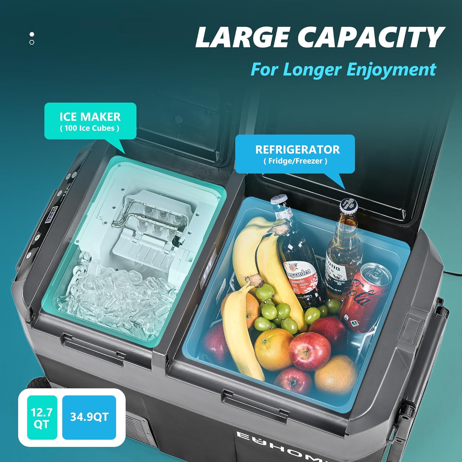 EUHOMY Refrigerador de 12 voltios con máquina de hielo  Enfriador eléctrico de 48 cuartos (45 L), batería utilizable de doble zona, control de