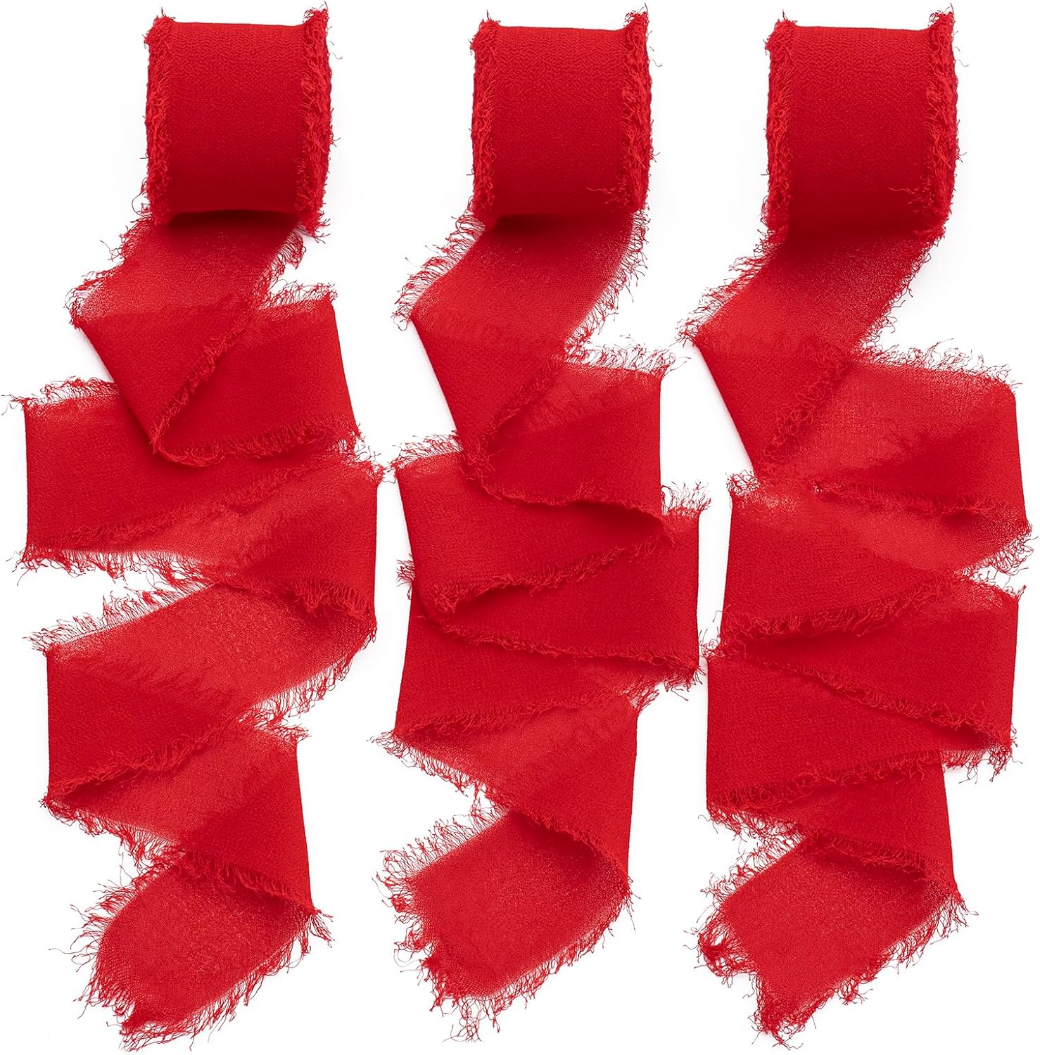 Cinta de gasa, 3 rollos de cinta de gasa roja hecha a mano con flecos de seda de 1.5 pulgadas x 7 yardas, juego de cintas para invitaciones de boda,