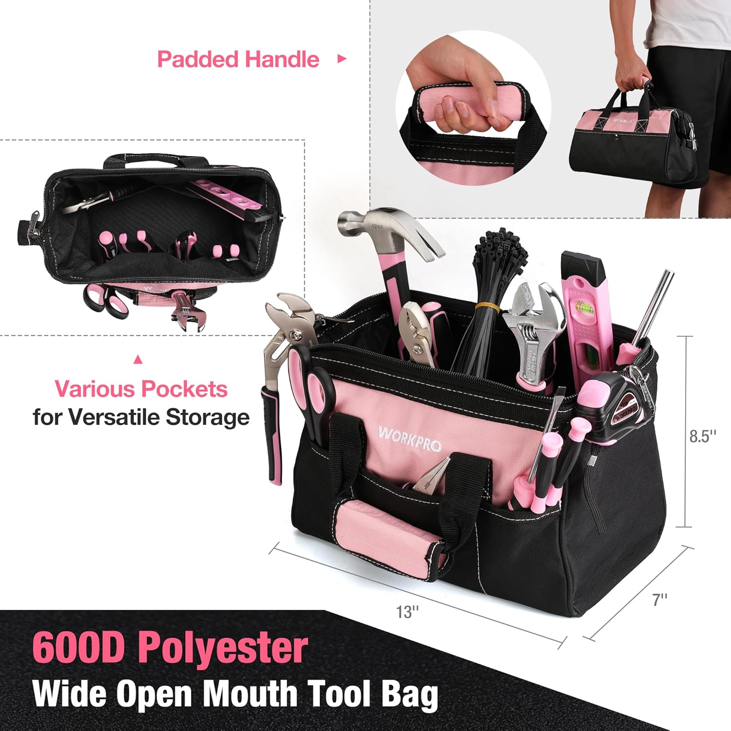WORKPRO Juego de herramientas rosadas, 277 piezas de bolsas de herramientas de mano esenciales de apartamento con bolsa de almacenamiento abierta de