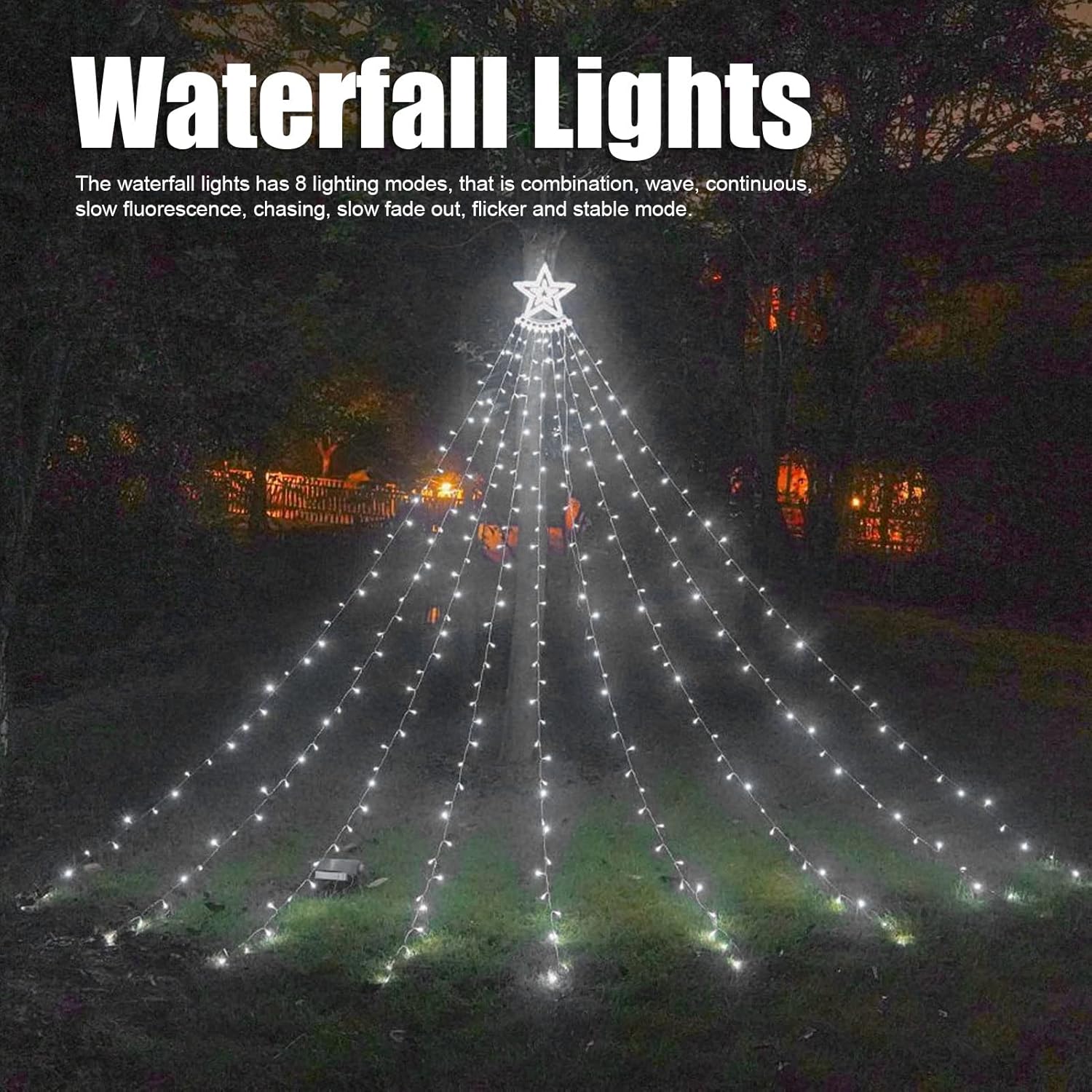 VTOSEN Luces solares de cascada para árbol de Navidad, 8 modos de luces impermeables con control remoto para exteriores, tira de luces solares,