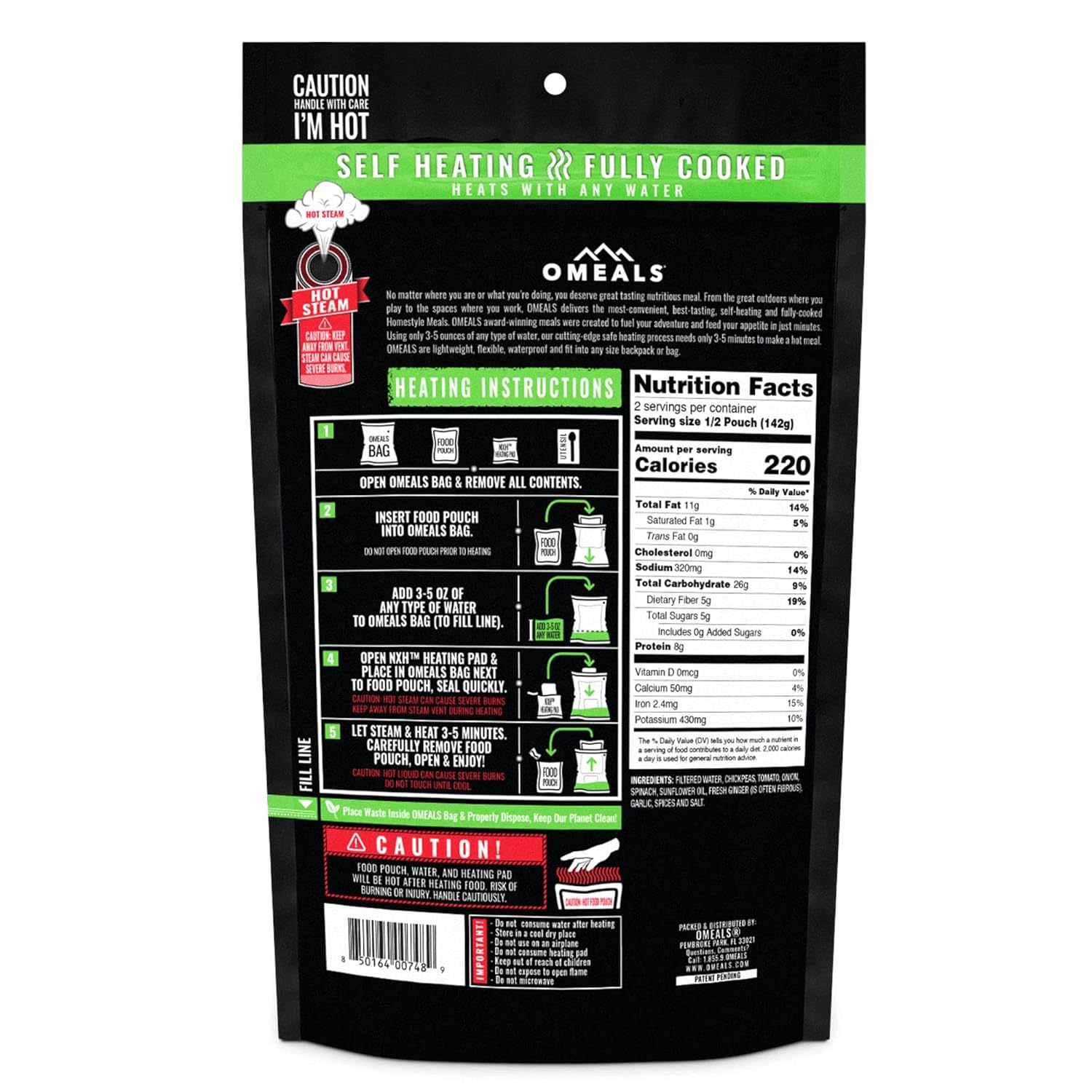 OMEALS Chickpea Masala MRE – Alimento sostenible para exteriores, de alta calidad, larga vida útil, sin gluten, vegano, totalmente cocido con