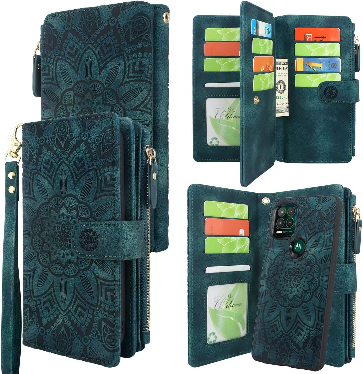Harryshell Funda de piel con cremallera magnética desmontable y bolsillo para monedas, 12 ranuras para tarjetas, correa de muñeca para Motorola Moto