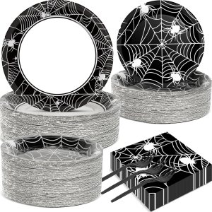 50 platos y servilletas de fiesta de telaraña de Halloween, suministros para fiesta, juego de vajilla de fiesta de telaraña, blanco y negro, 50 platos y servilletas de fiesta de telaraña de Halloween, suministros para fiesta, juego de vajilla de fiesta de telaraña, blanco y negro,