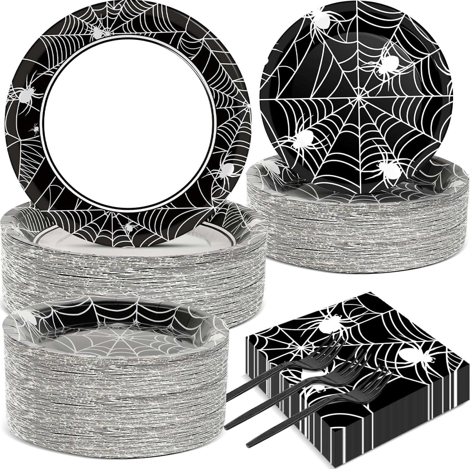 50 platos y servilletas de fiesta de telaraña de Halloween, suministros para fiesta, juego de vajilla de fiesta de telaraña, blanco y negro,