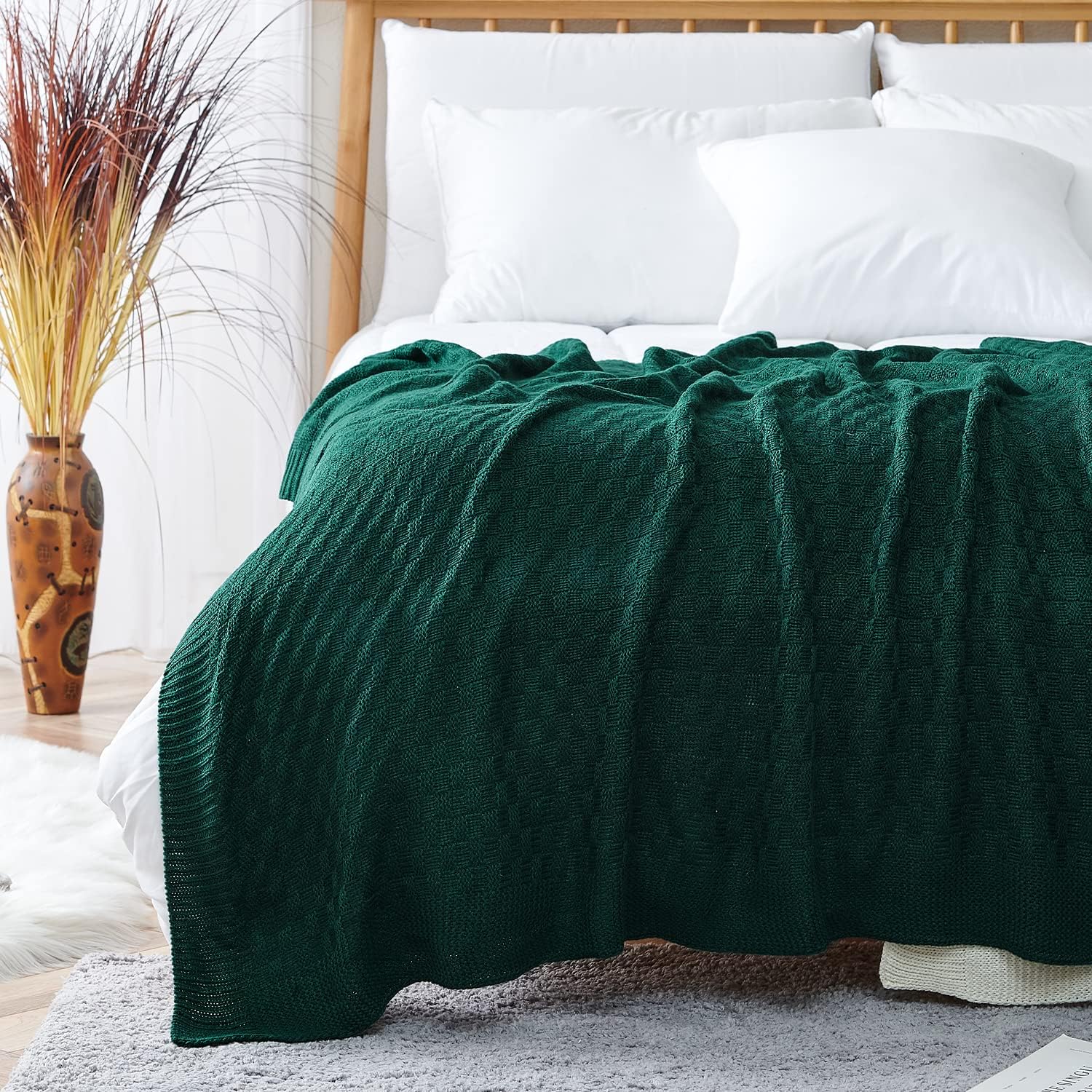 jinchan Manta de punto trenzado a cuadros, color verde oscuro, para sofá, manta de cama, manta de punto para decoración de viaje, 50 x 60 pulgadas