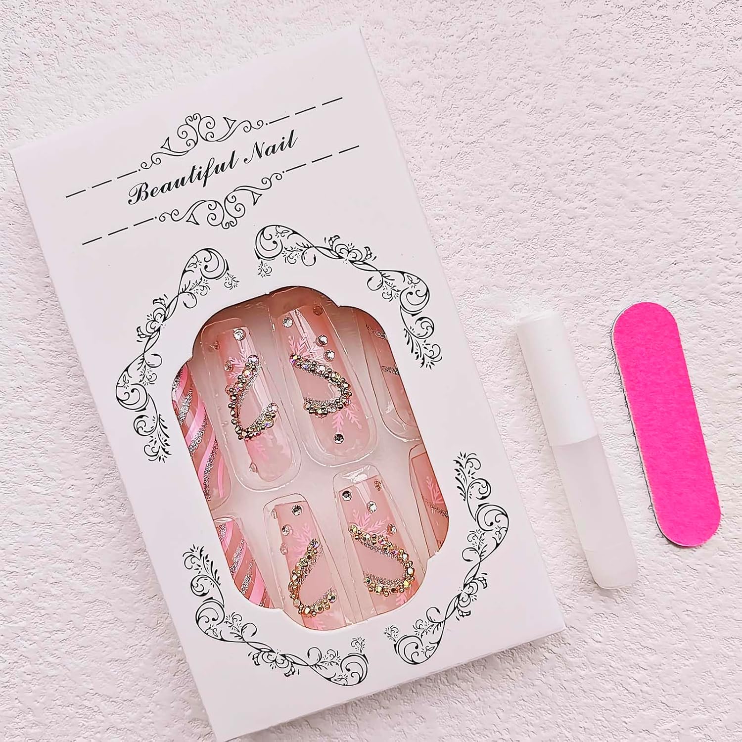 Uñas postizas extralargas cuadradas con forma de tubo, uñas acrílicas rosas con purpurina y líneas blancas y diamantes de imitación, diseños de