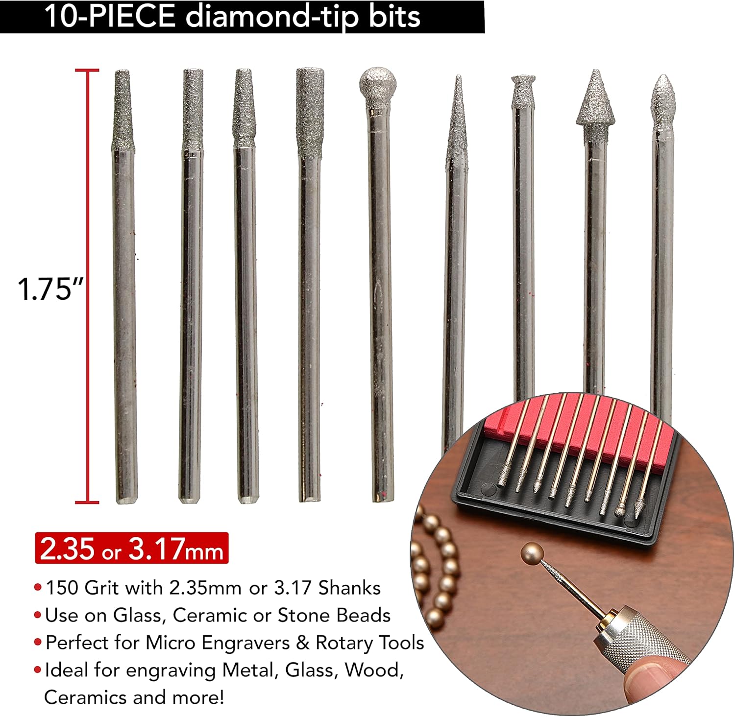 The Beadsmith Juego de grabador  Micro grabador a batería con foco y 2 puntas redondas de diamante  10 puntas de diamante  Ideal para grabar en