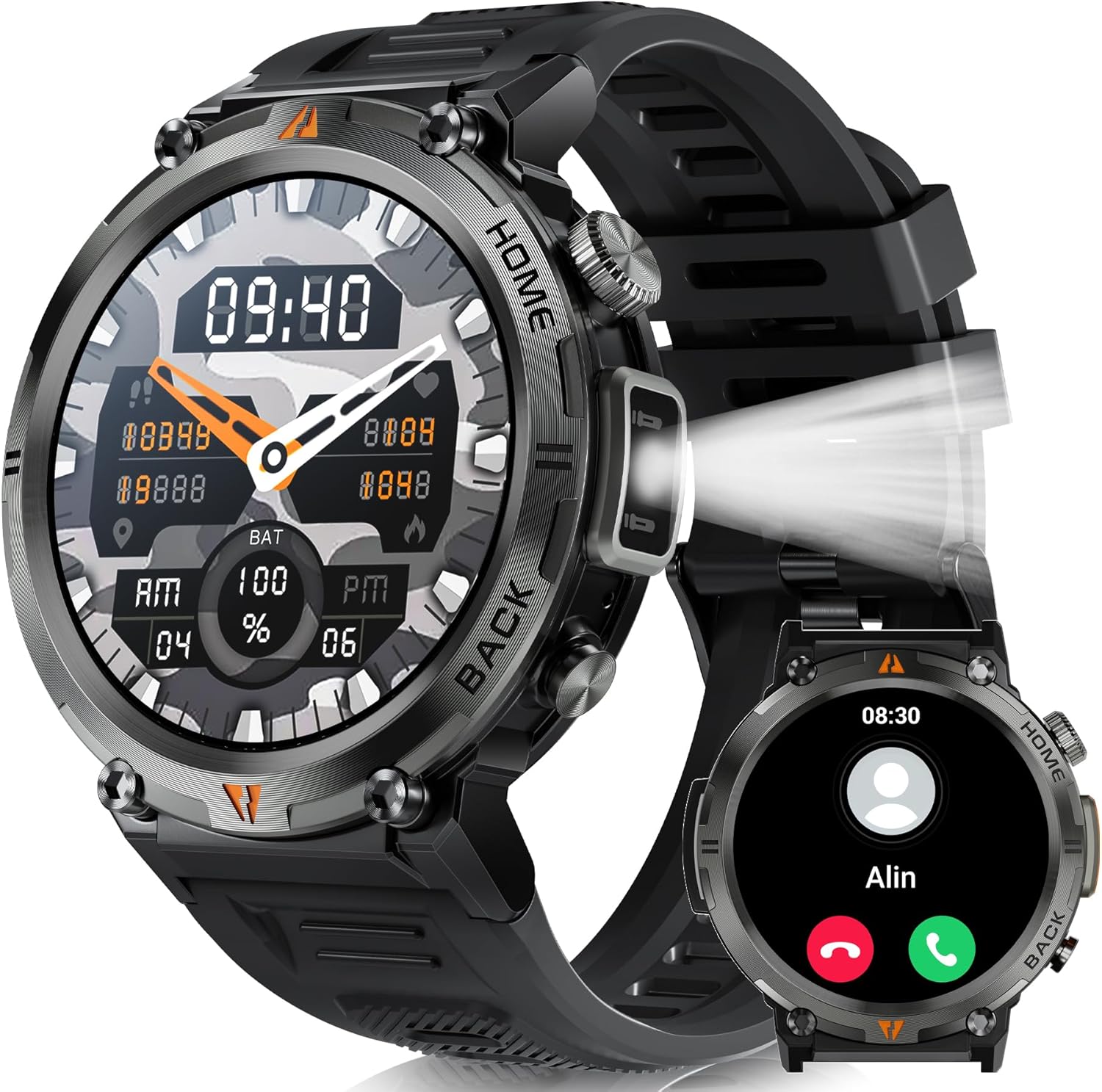 Reloj inteligente militar para hombres (respuestamarcado) linterna de 1.45 pulgadas, resistente reloj inteligente con más de 100 modos deportivos,