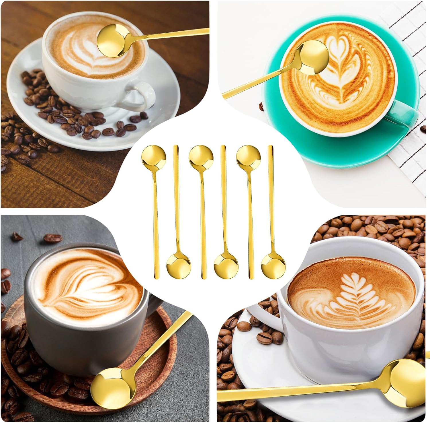 6 cucharas de café pequeñas, cucharaditas pequeñas de oro, cucharas largas para revolver, cucharas de té de acero inoxidable, cucharas redondas de