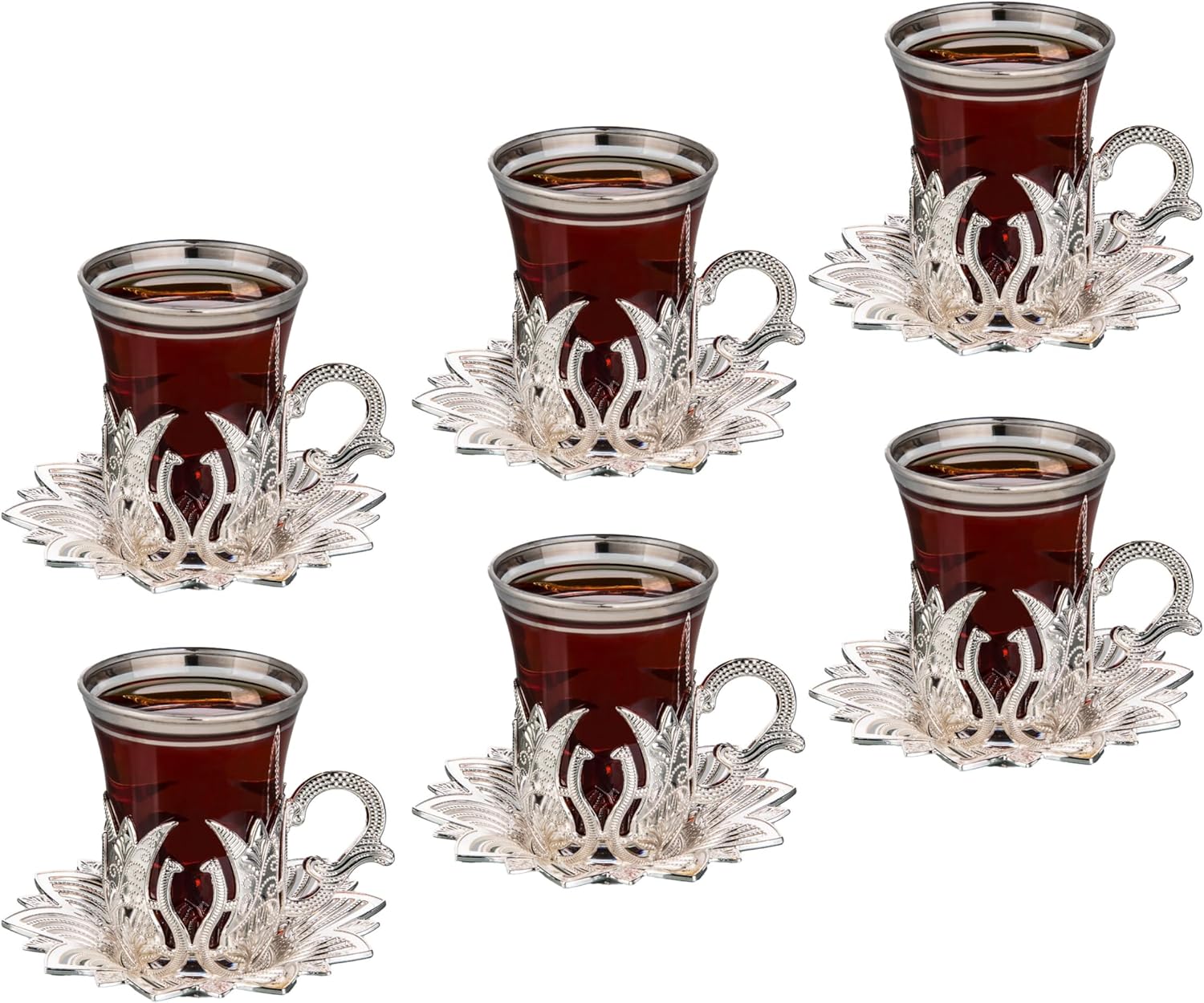 LaModaHome Vasos de té turco vintage hechos a mano con platillo y soportes, tazas otomanas y árabes, juego de 6 para servir, invitados, té, cena,