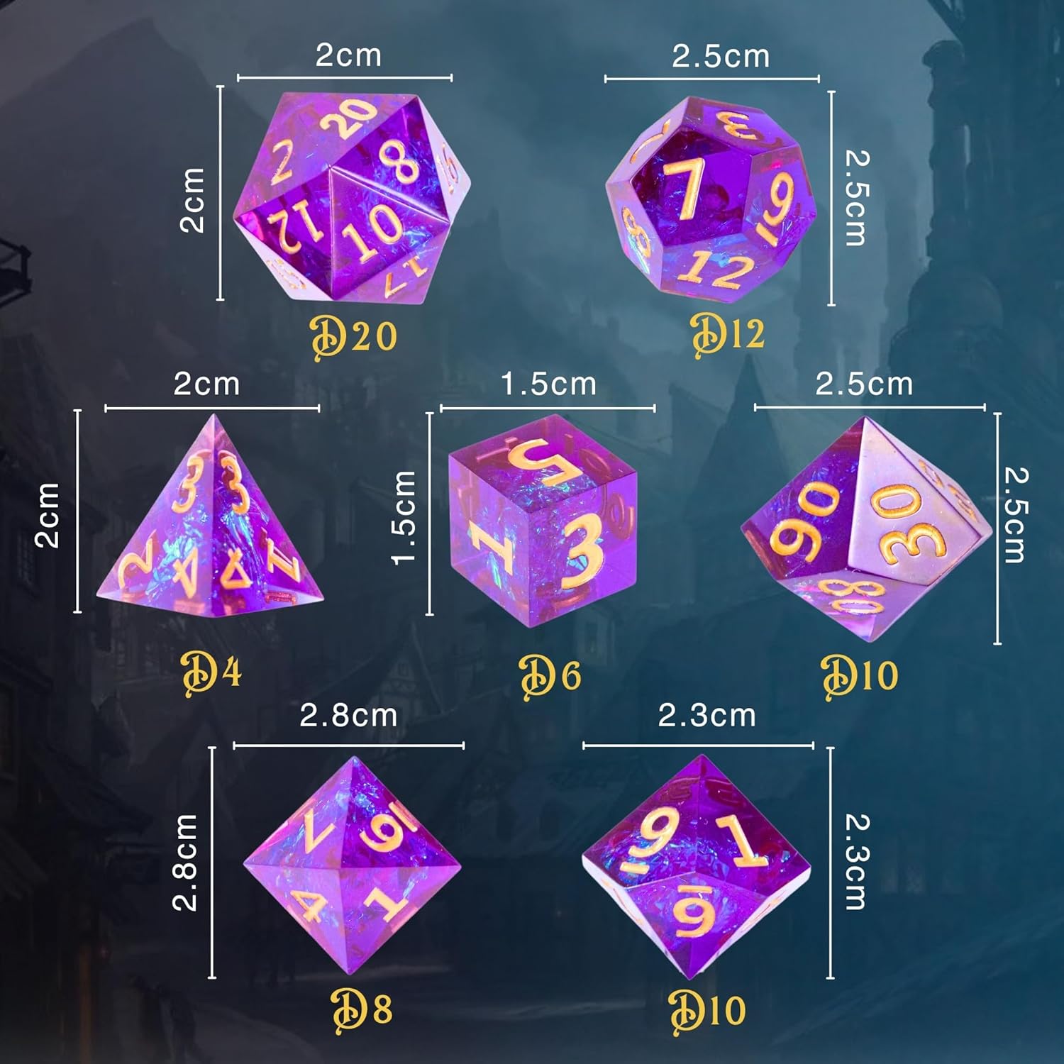DND – Juego de 7 dados poliédricos de resina de borde afilado para Calabozos y Dragones, con bolsa de dados, bandeja de dados y calcomanías (lavanda