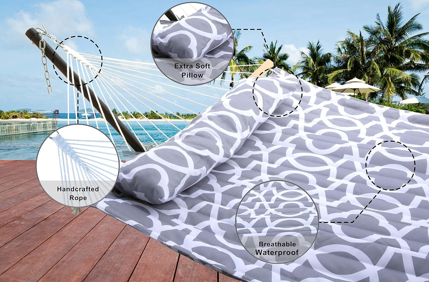 Hamaca doble para 2 personas con soporte de acero portátil de 12 pies y barras esparcidoras curvadas de bambú, almohada desmontable, cama de tela