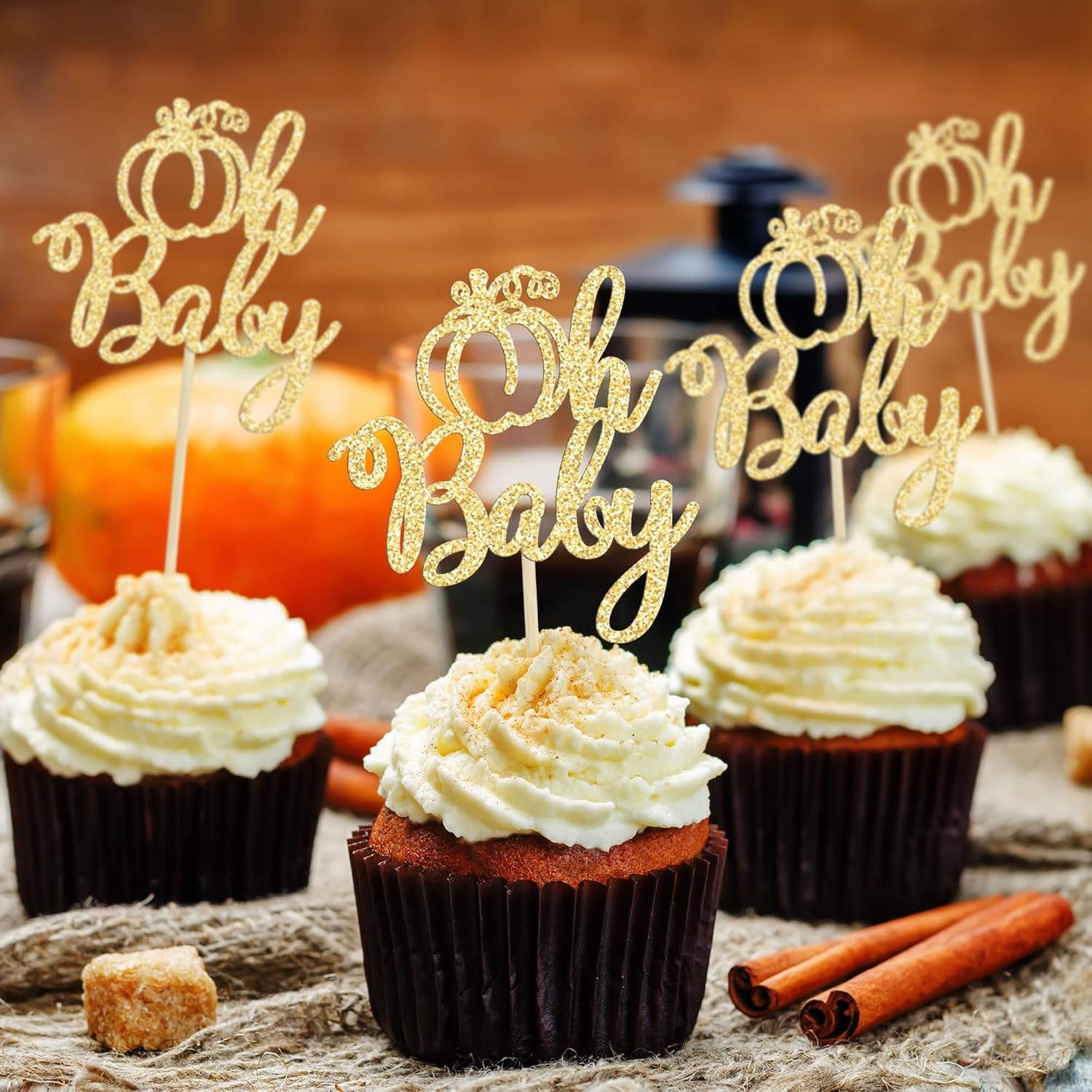 24 piezas de calabaza Oh Baby Cupcake Toppers con purpurina temática de otoño selecciones de cupcakes de calabaza para baby shower, decoración de