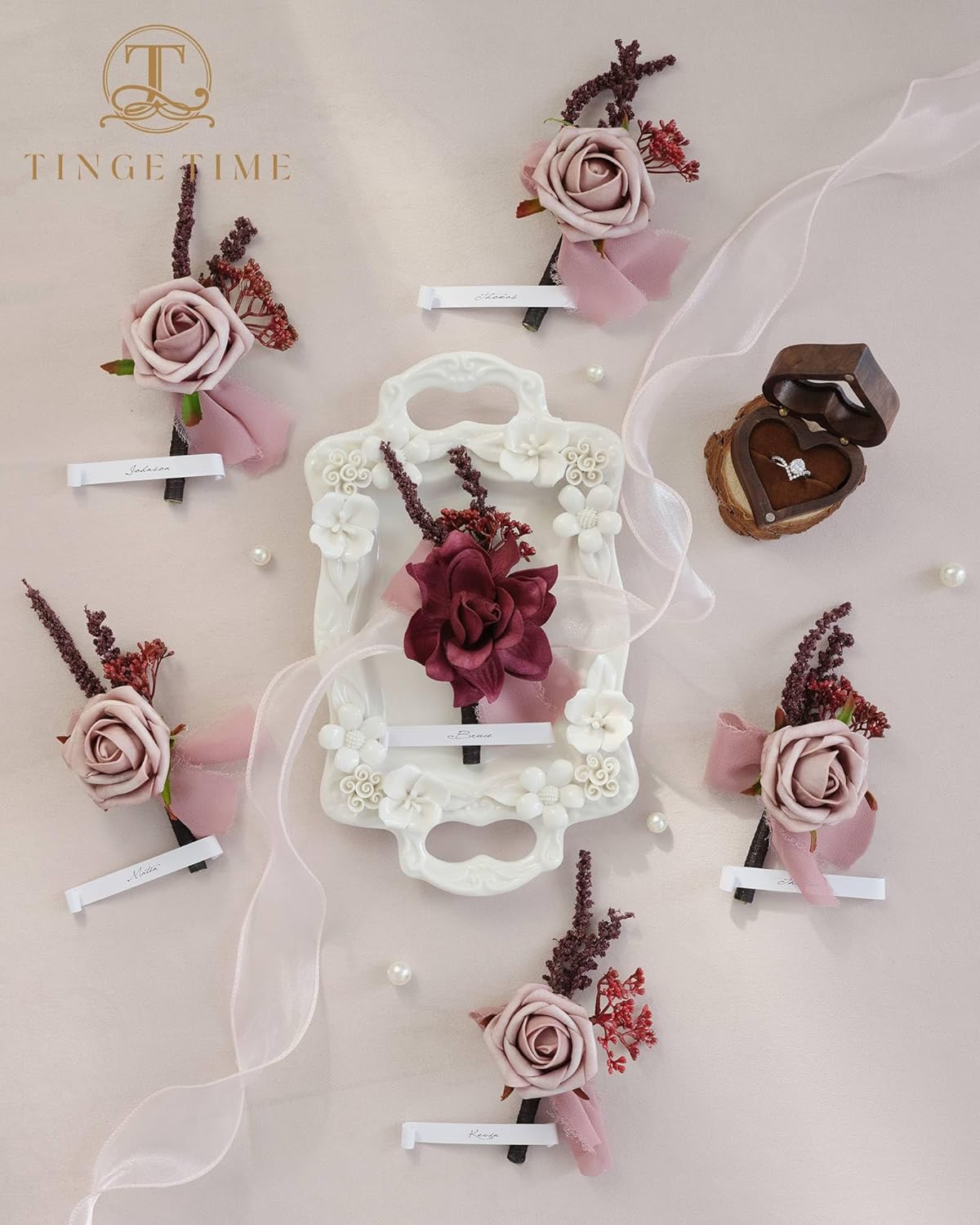 TINGE TIME Boutonniere – Juego de 6 boutonniere de boda para hombre, Boutonniere para novio, novio y padrino, juego de boutonniere para graduación,