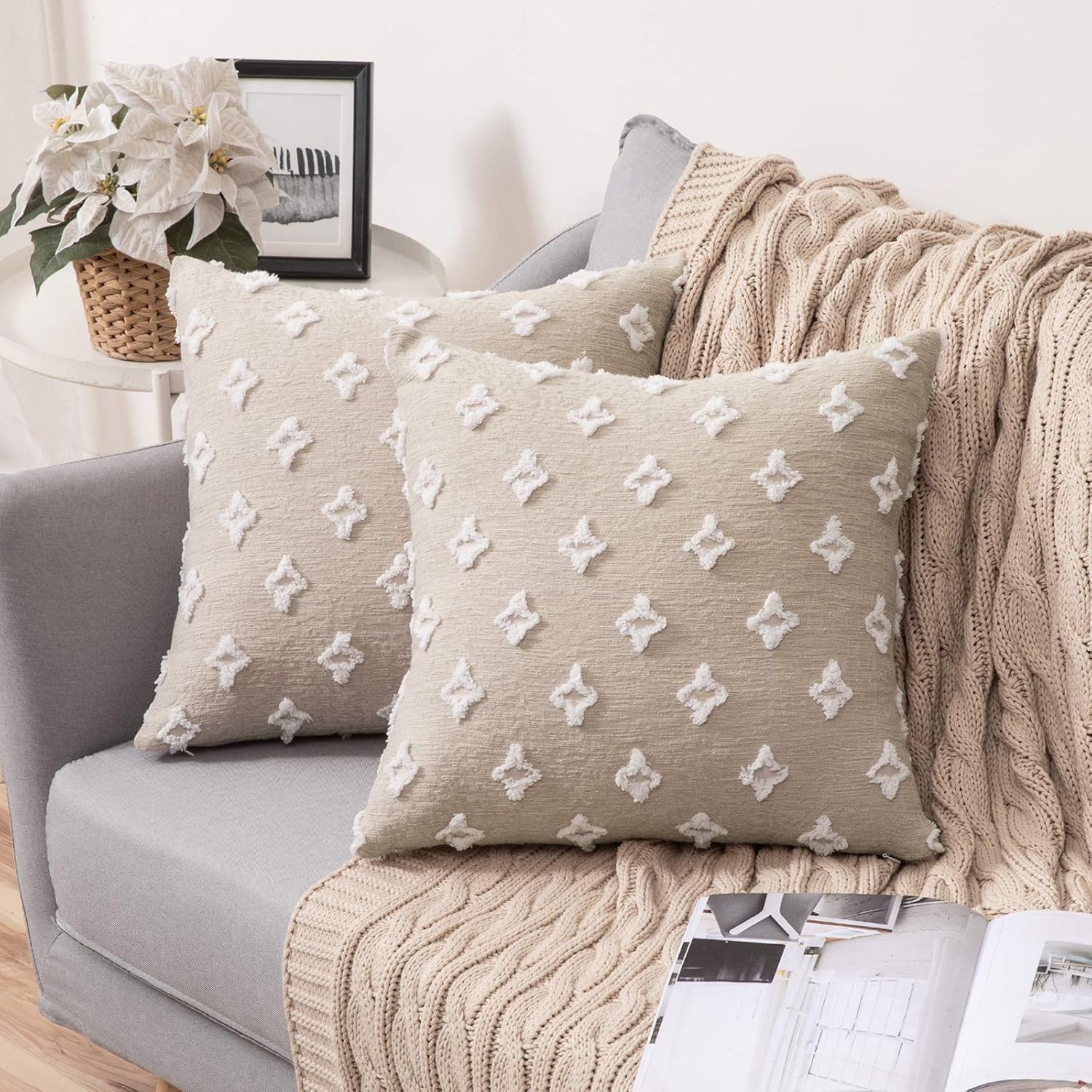 MIULEE Juego de 2 fundas de almohada decorativas de jacquard rómbico, funda de cojín suave para sofá, cama, dormitorio, sala de estar, 18 x 18