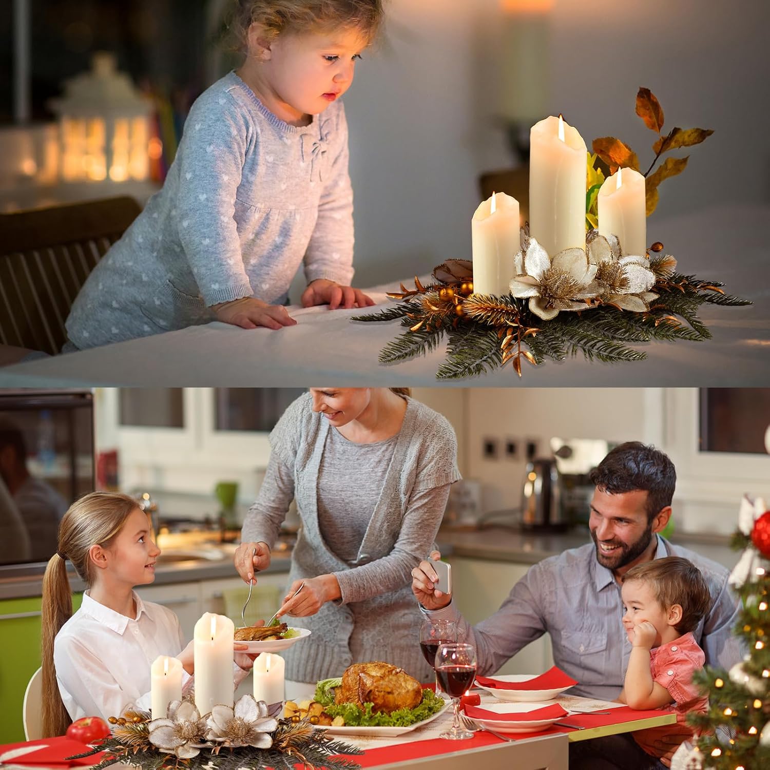 Cindeer Centro de mesa de Navidad con mantel de Pascua artificial, candelabros románticos para fiesta, chimenea, vacaciones, Acción de Gracias,