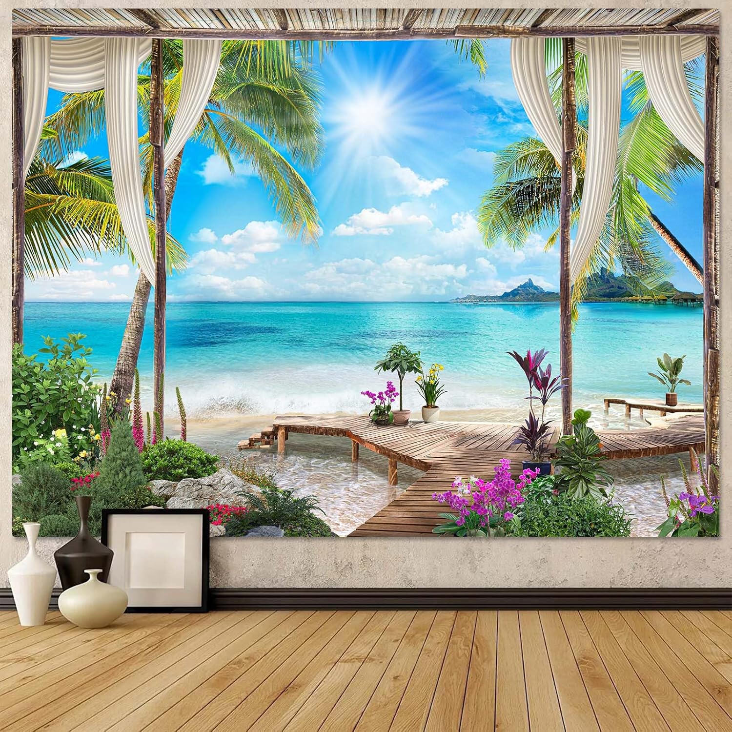 Leeisysme Tapiz de paisaje de playa, océano tropical, isla de mar, palmera, para sala de estar, ventana de verano, para colgar en la pared, 36 x 48
