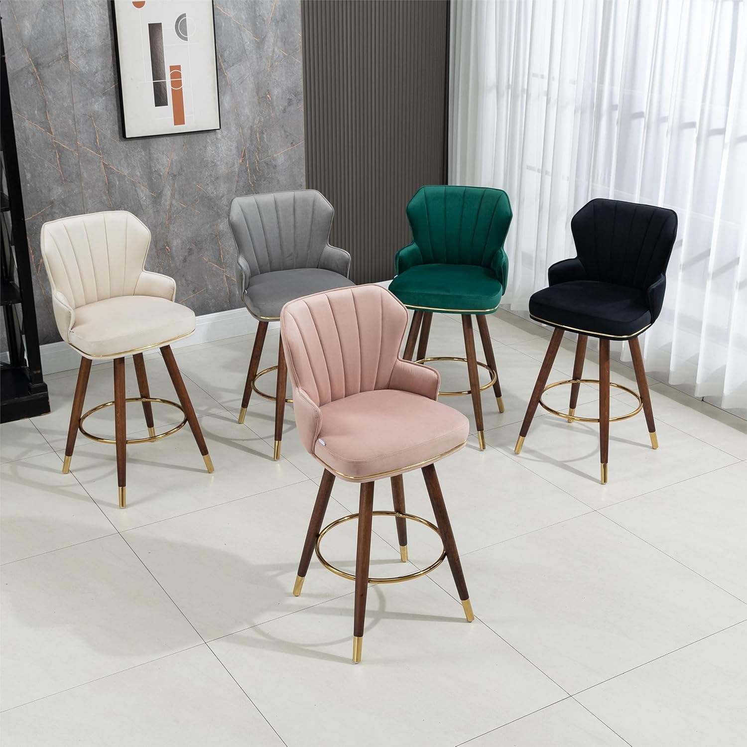 Juego de 2 taburetes de bar, sillas de bar de terciopelo con patas de madera, taburetes de bar de 27.95 pulgadas de altura de mostrador con respaldo