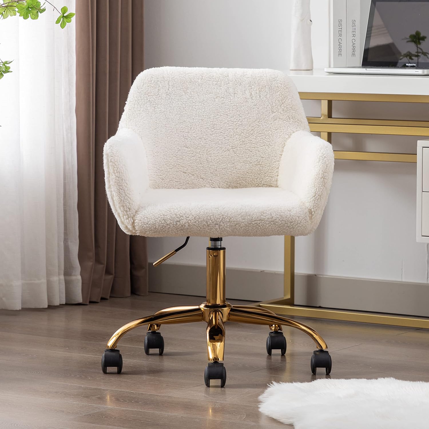 Silla de piel sintética blanca, moderna silla de oficina en casa con giratorio, altura ajustable, silla de maquillaje tapizada para mujeres y niñas