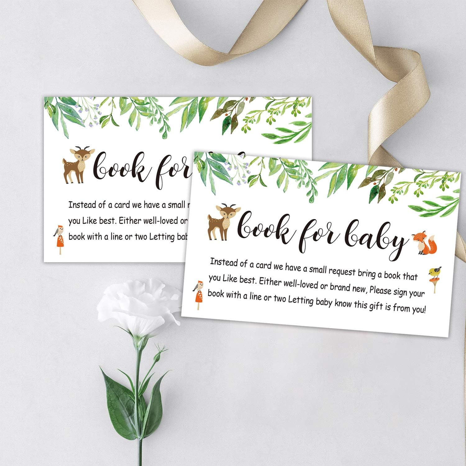 Paquete de 50 libros para tarjetas de solicitud de baby shower, libros florales de bosque para tarjetas de inserción de bebé, insertos de invitación