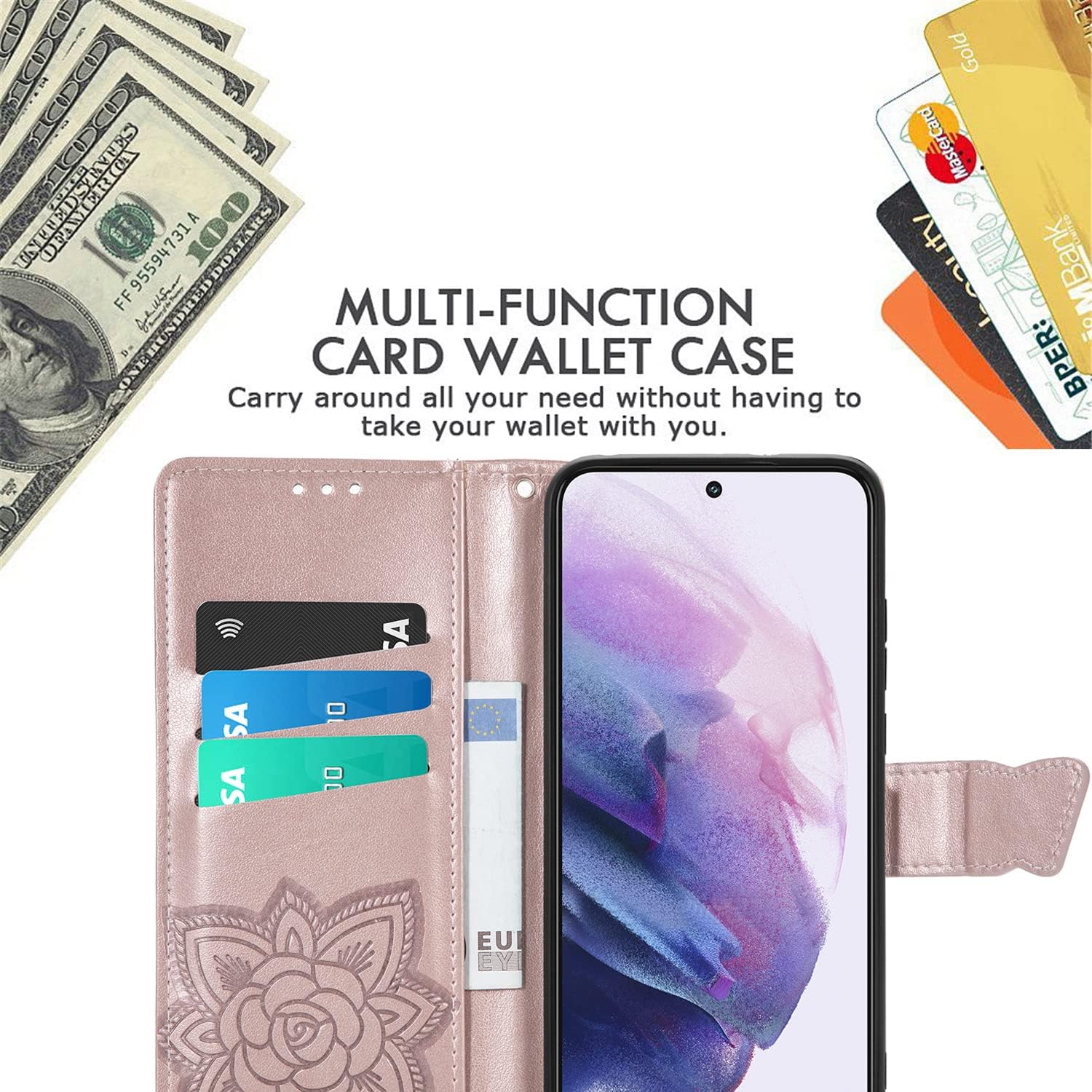 Galaxy S22 5G Wallet Case, Butterfly & Flower Embossed PU Leather Wallet Case Flip Protective Phone Cover with Card Slots and Kickstand for Samsung