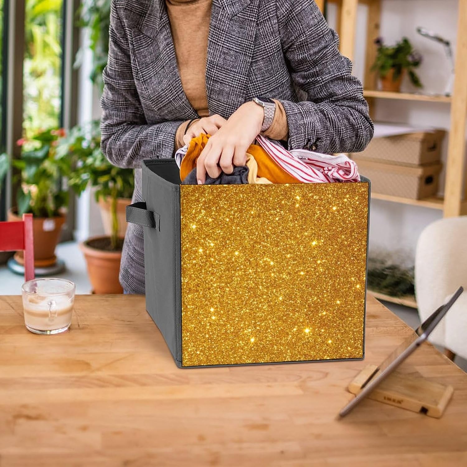 Cubo de almacenamiento plegable de 11 pulgadas con purpurina dorada con asas, organización de juguetes para el hogar, habitación, armario, estantes,