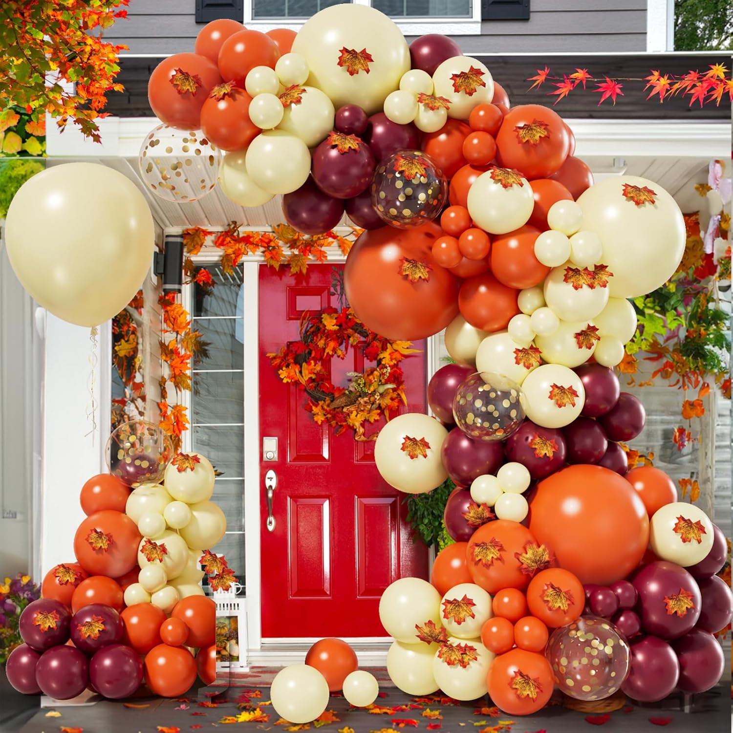 Bonropin Kit de guirnalda de arco de globos de otoño de 193 piezas con globos de confeti amarillo pastel, naranja, borgoña, dorado, hojas de arce