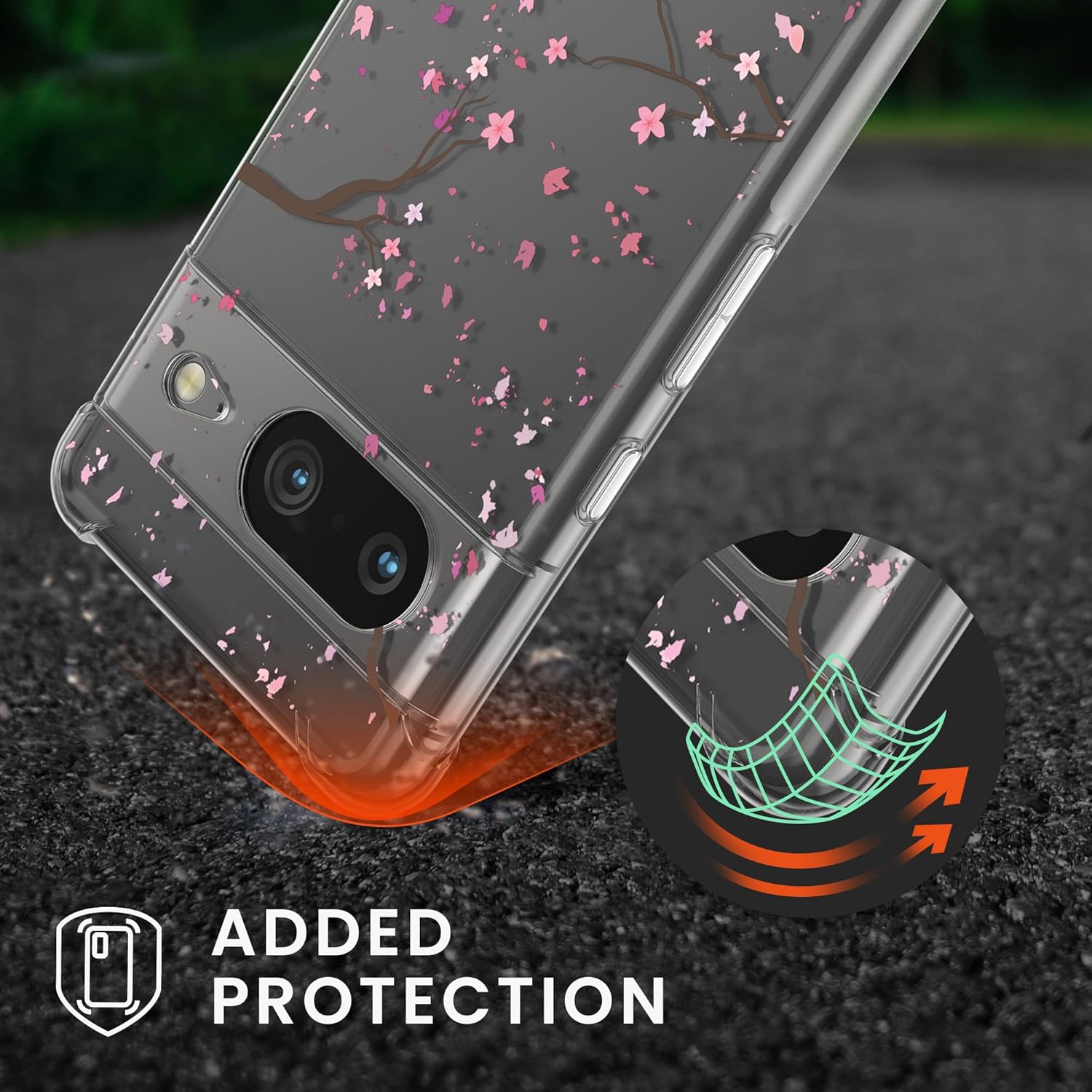 kwmobile Funda cruzada compatible con Google Pixel 8, diseño de flores de cerezo rosa, marrón oscuro, transparente