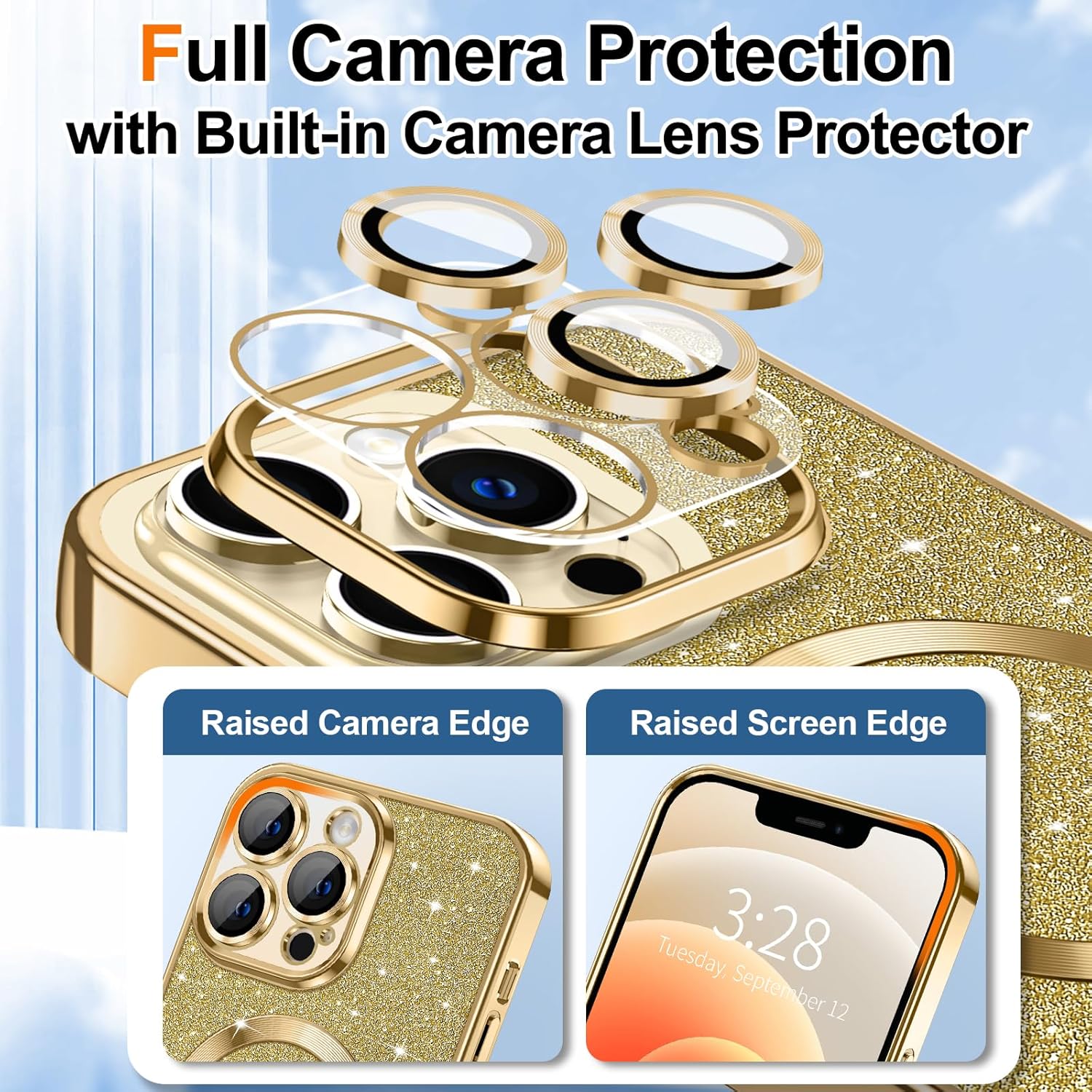 Hython Funda para iPhone 12 Pro Max con purpurina, fundas magnéticas transparentes para teléfono con protector de lente de cámara compatible con