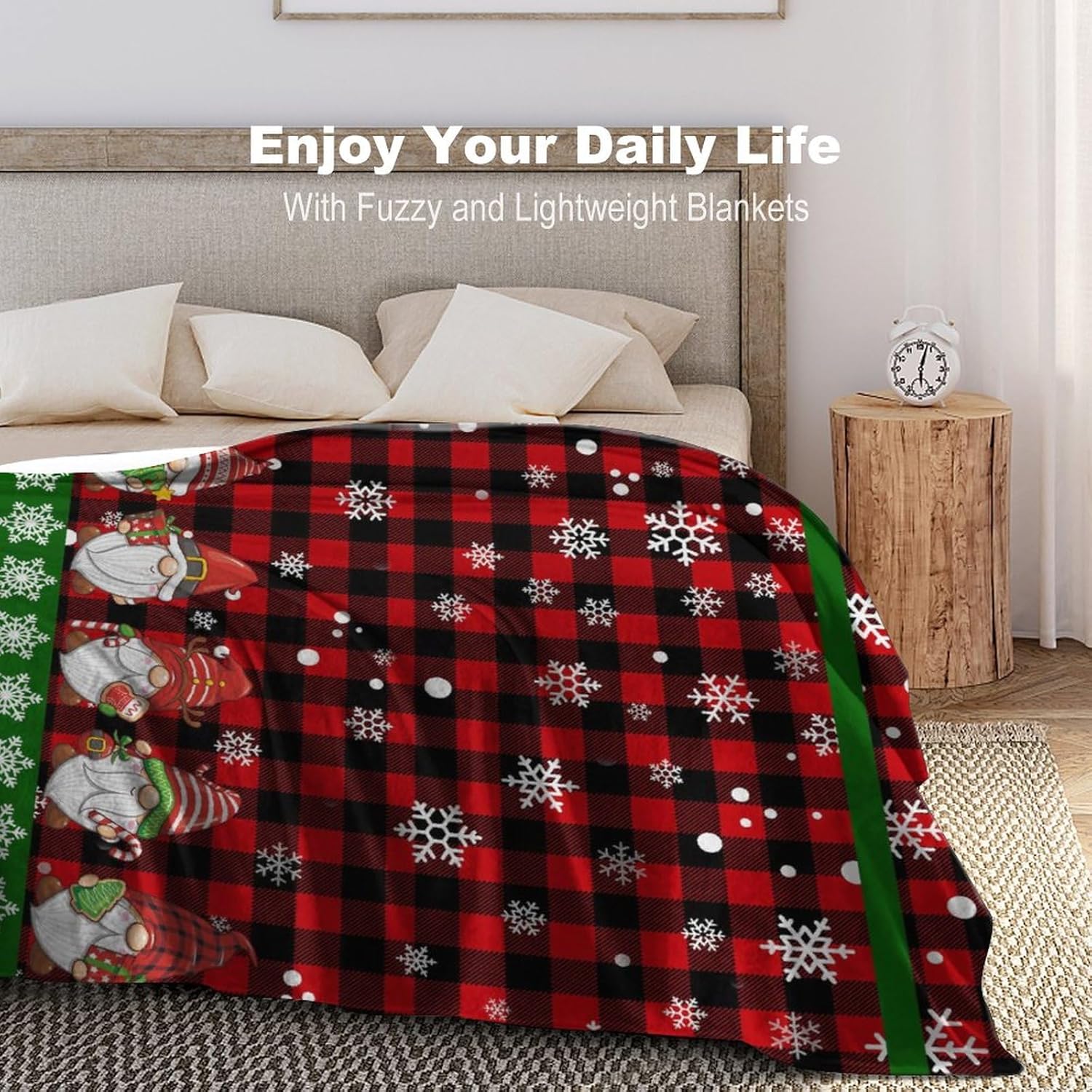 Mantas de invierno con texto en inglés “Merry Christmas” para sofá y cama, color rojo y negro, diseño de gnomos y copos de nieve, suaves,