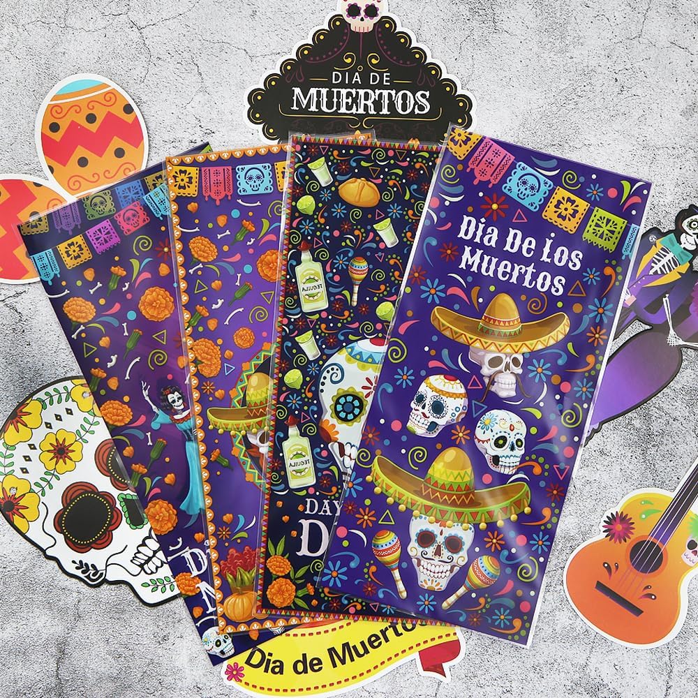 Day of the Dead – Bolsas de golosinas para dulces, 100 unidades Dia de Los Muertos, bolsas de golosinas mexicanas de 4 estilos de caléndula de