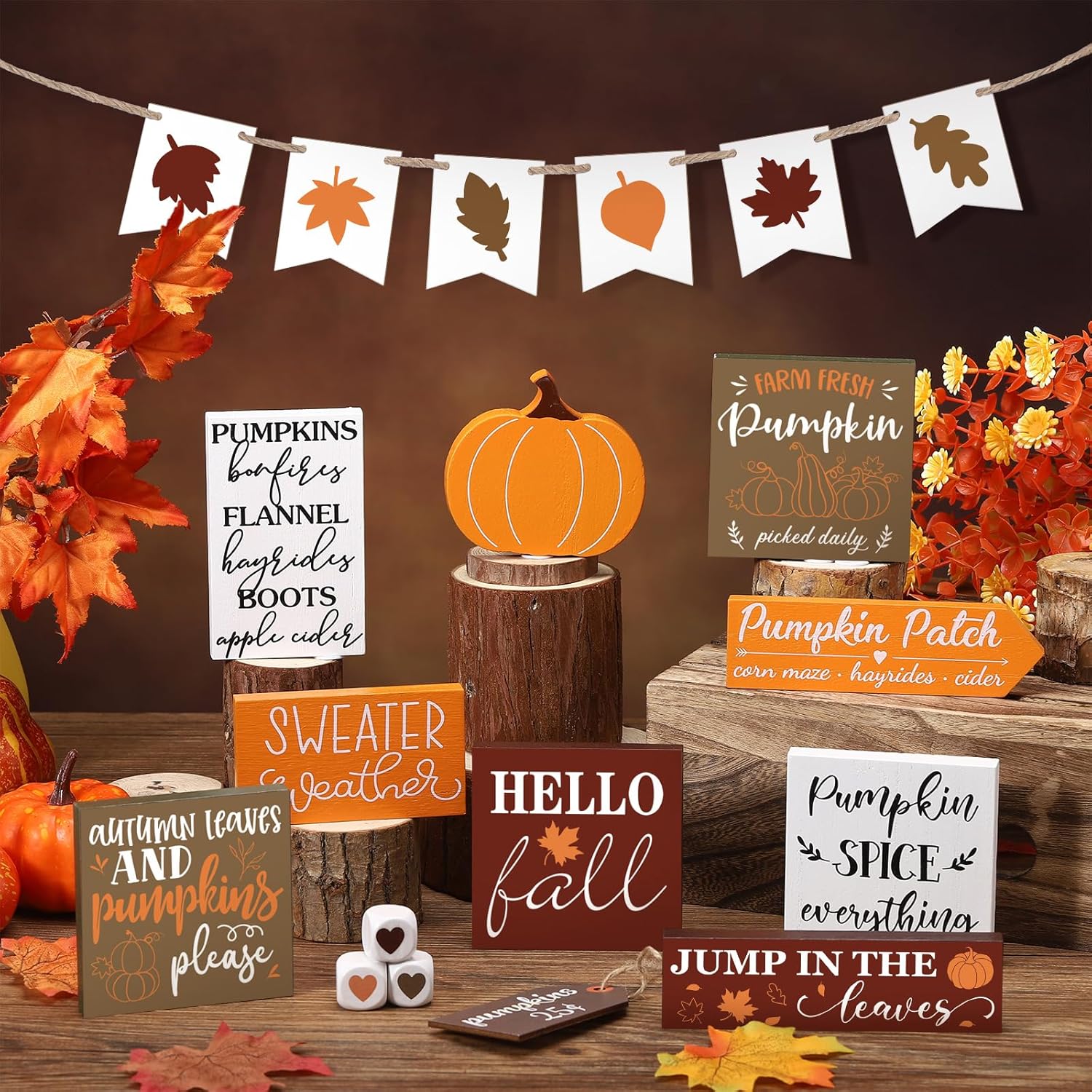 Juego de 15 bandejas escalonadas de otoño, decoración de calabaza, decoración de casa de campo, centros de mesa de hojas de arce de otoño, cosecha