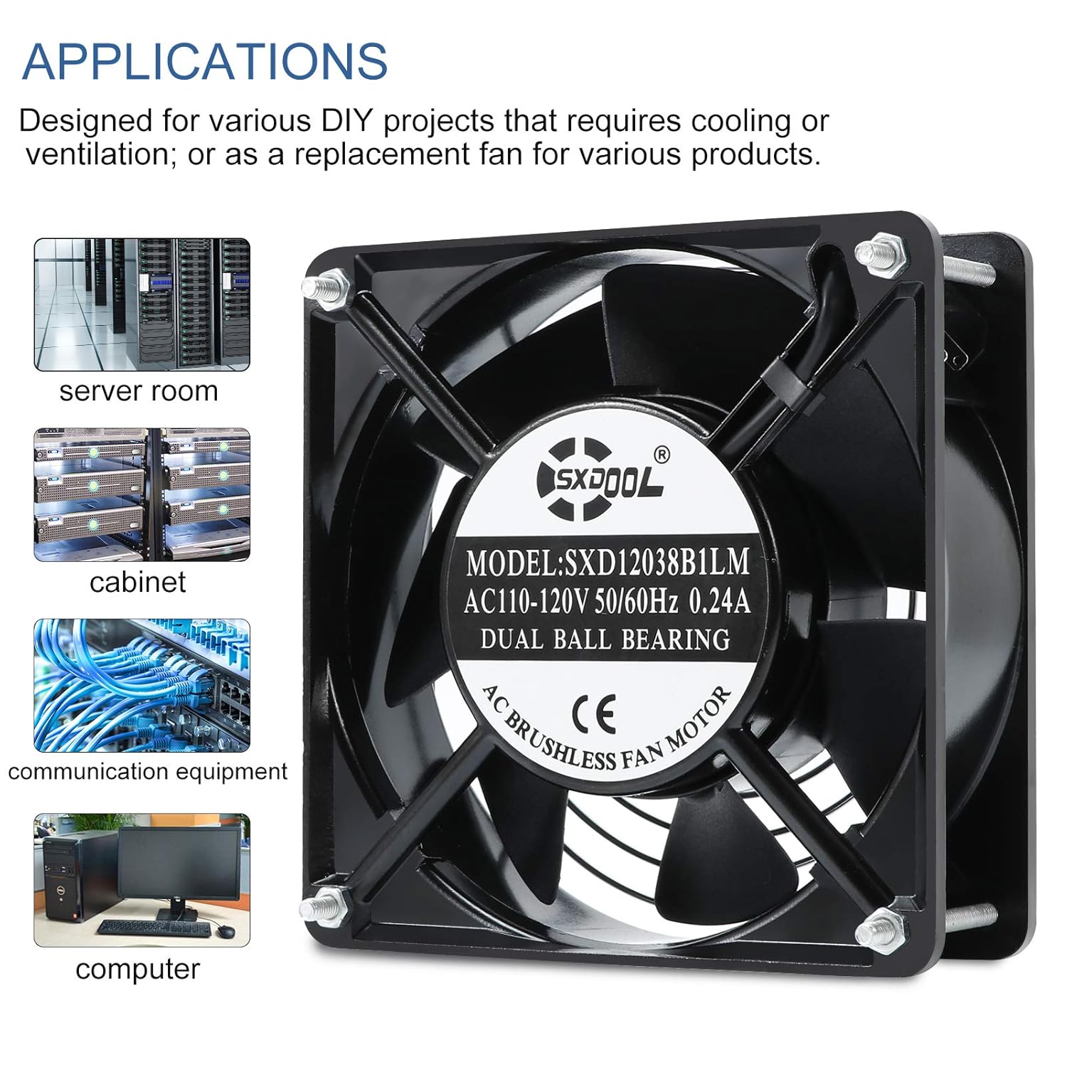 Ventilador de refrigeración axial de 4.7 in, CA 115 V 120 V 4.724 in x 1.496 in de alta velocidad CFM con cable de alimentación de interruptor, para