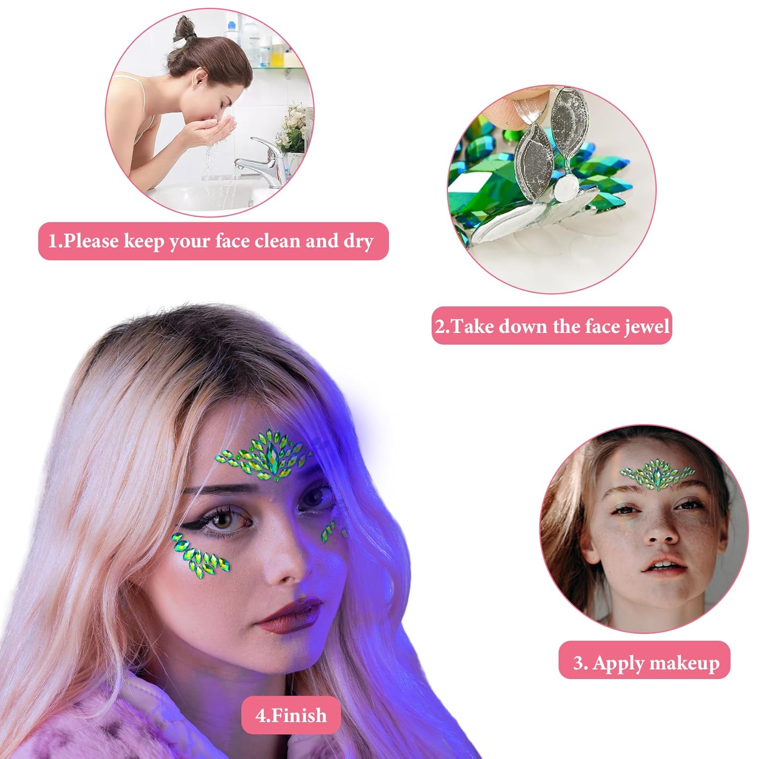 12 juegos de joyas para la cara, diamantes de imitación de sirena para tatuajes temporales, joyas corporales, calcomanías de cristal, gemas faciales