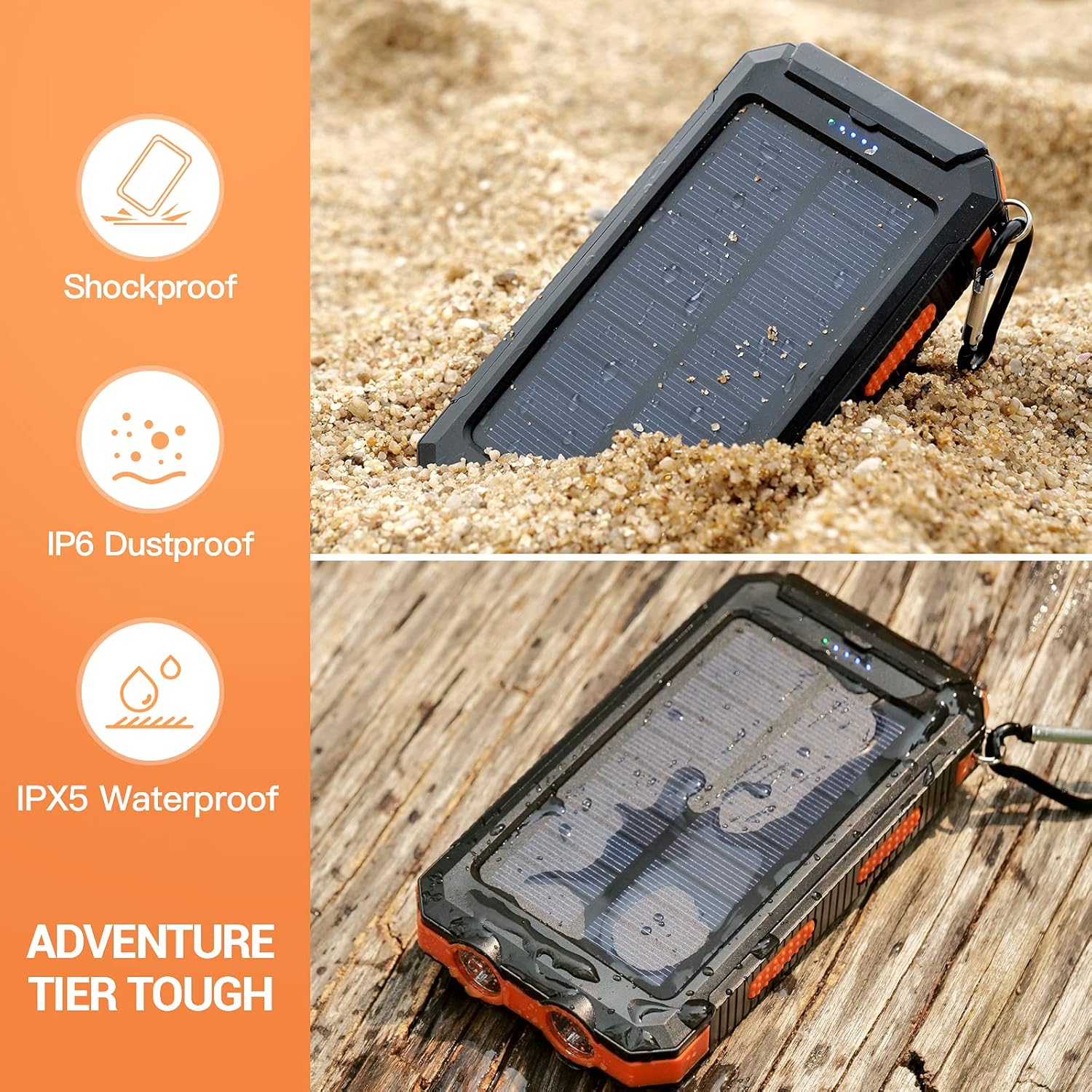 Cargador de batería portátil, cargador solar de 20000 mAh con USB C de 5 V2.1 A, carga rápida compatible con iPhone, iPad, linterna brillante LED