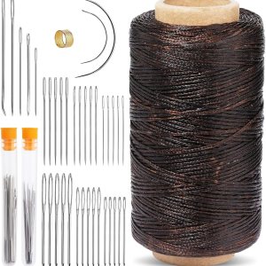 Hilo encerado, hilo encerado de cuero, color café oscuro, hilo encerado de 820.2 ft con agujas de coser a mano de cuero, dedal, para manualidades de Hilo encerado, hilo encerado de cuero, color café oscuro, hilo encerado de 820.2 ft con agujas de coser a mano de cuero, dedal, para manualidades de